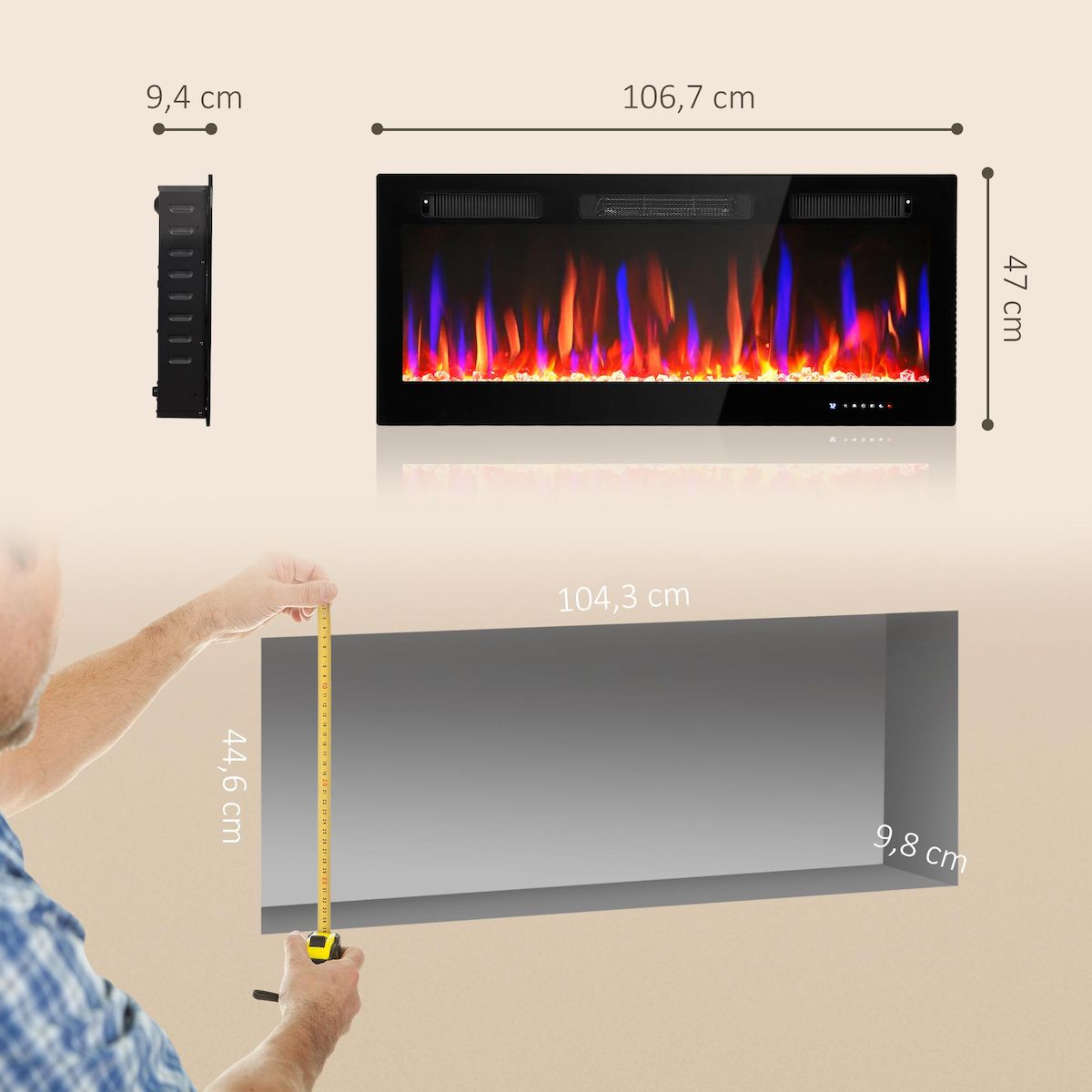 HOMCOM Cheminée électrique murale/encastrable 900/1800W effet flamme et cristal réglable télécommande
