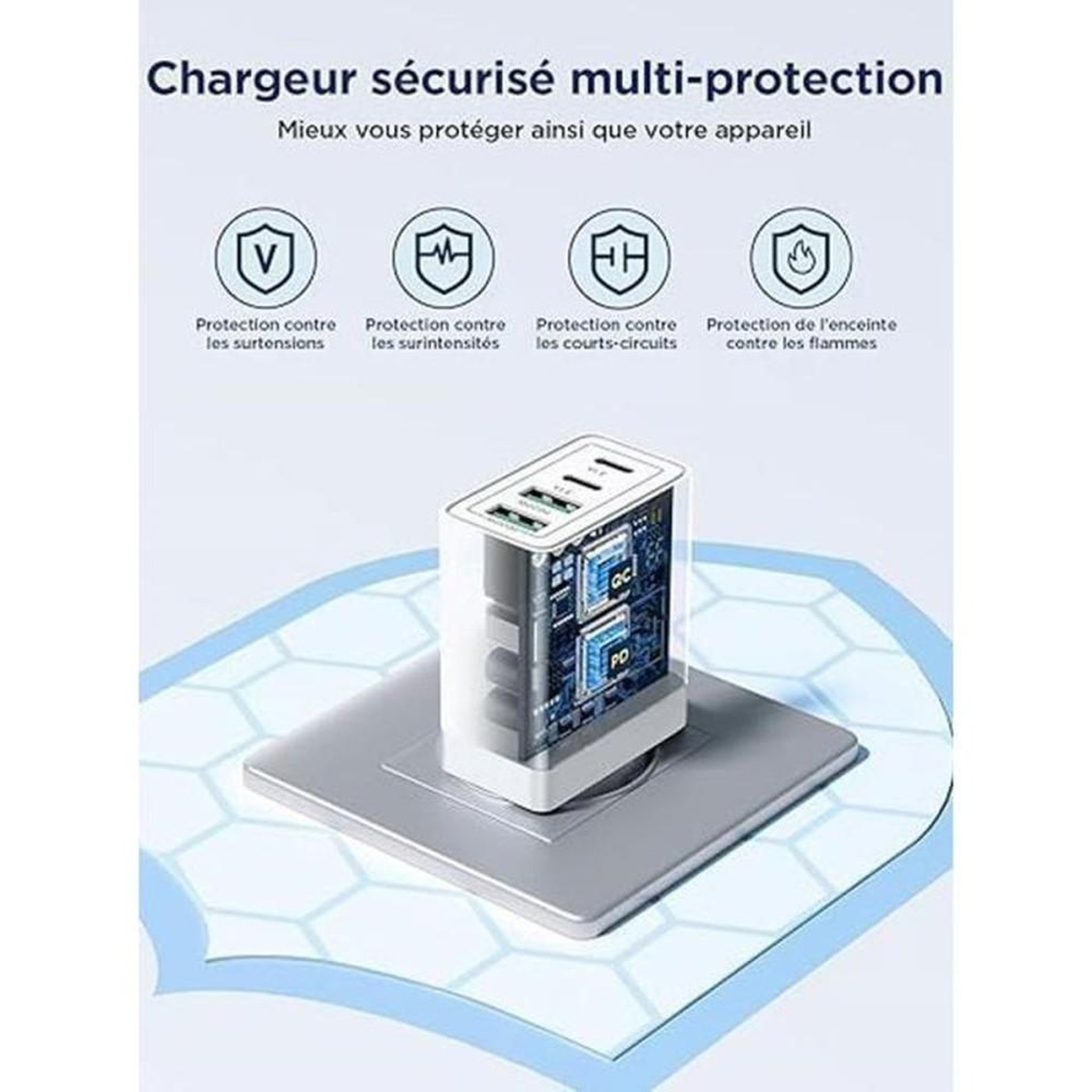 Voir la diapositive 5 : Chargeur USB-C 40W 4 ports blanc, 2 USB-C PD20W et 2 USB-A, charge rapide pour 4 appareils