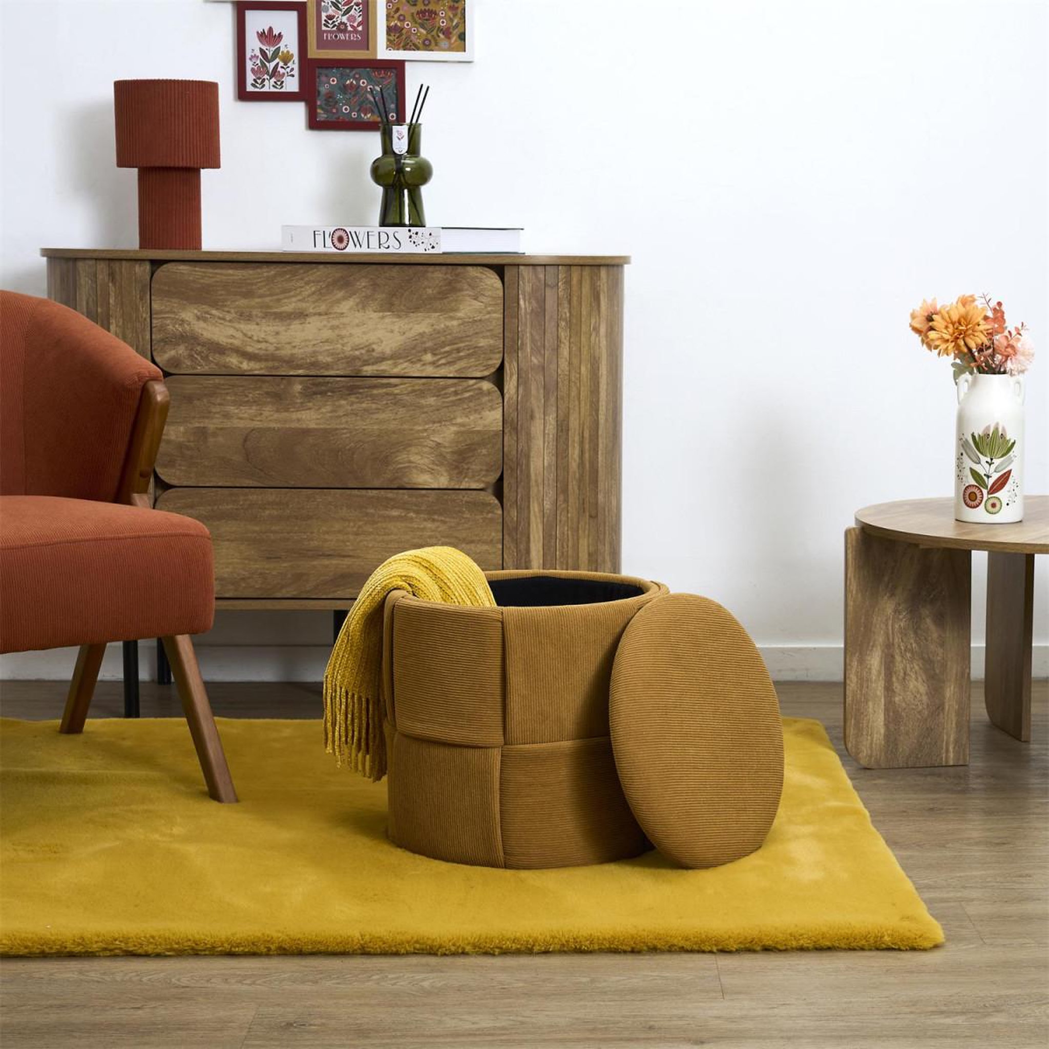 Voir la diapositive 6 : The Home Deco Factory Pouf Coffre Tressé Côtelé  Jules  38cm Jaune