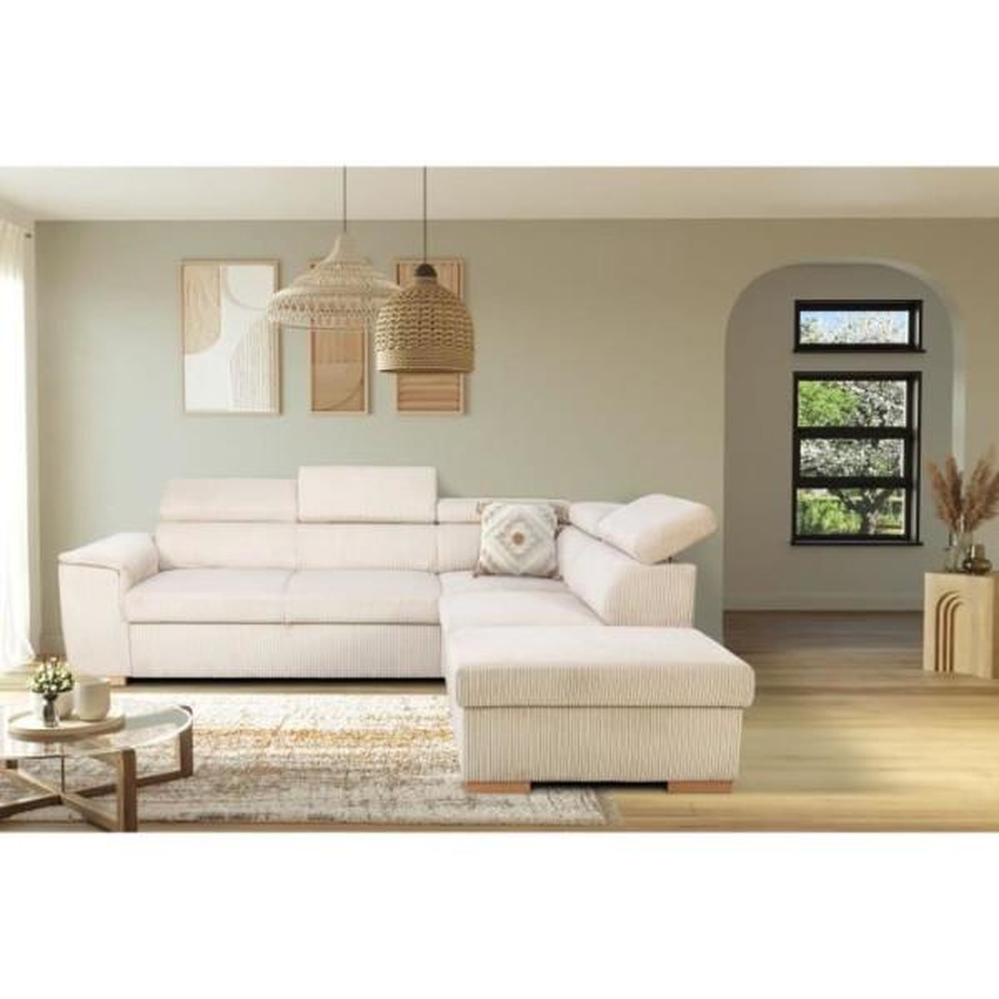 Voir la diapositive 2 : Canapé d'angle convertible réversible 5 places DAYTONA - Velours côtelé beige - Coffre de rangement - L 260 x H 94 x P 216 c