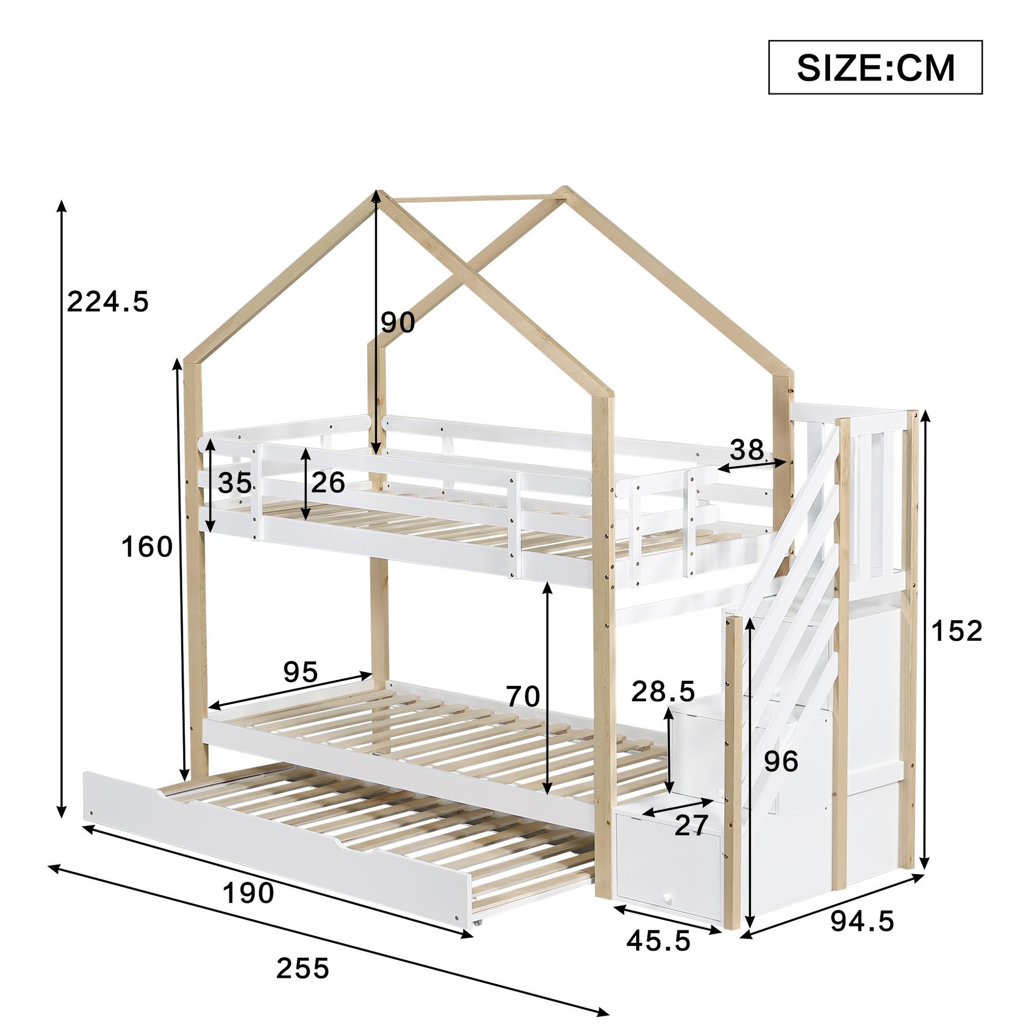 Voir la diapositive 3 : MERAX Lit superposé 90x200(90x190)cm bois et mdf coloris blanc+naturel