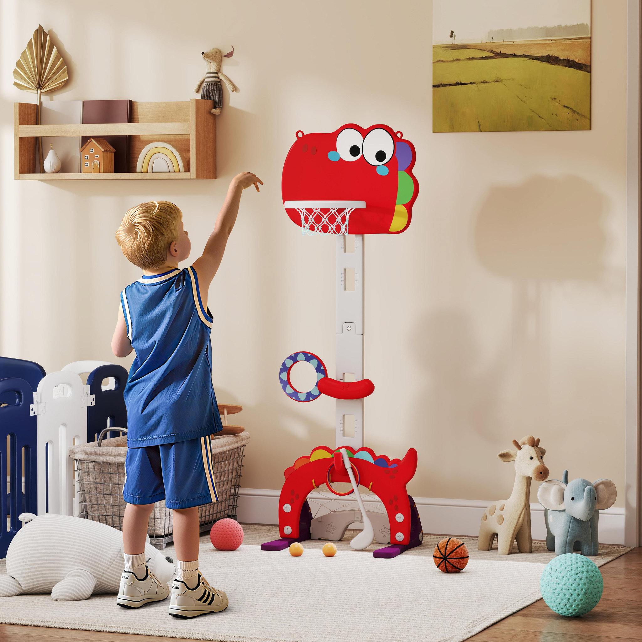 Voir la diapositive 2 : HOMCOM Panier de basket enfant multifonction design dino 3-6 ans - but, golf, 2 jeux de lancer - hauteur réglable - hdpe gris rouge