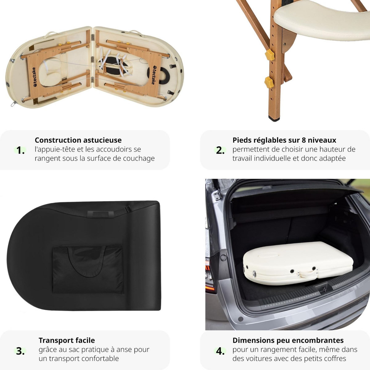 tectake Table de massage portable pliante à 3 zones Largeur 70 cm et rembourrage de 5 cm beige