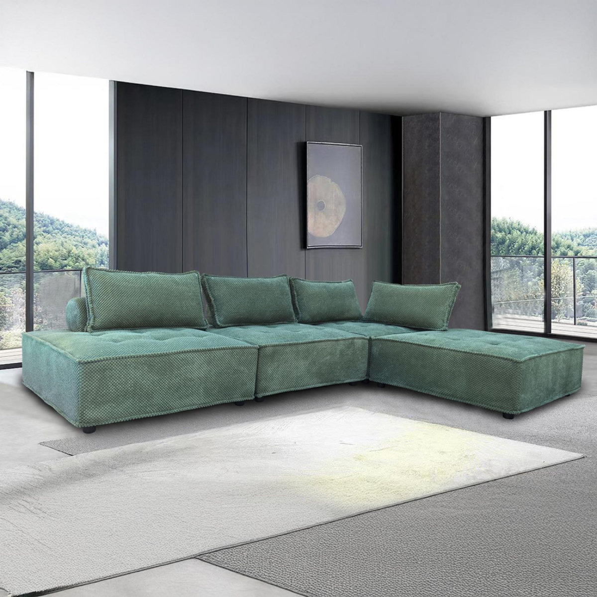 CONCEPT USINE Canapé d'angle modulable 4 places en velours texturé vert STAVA