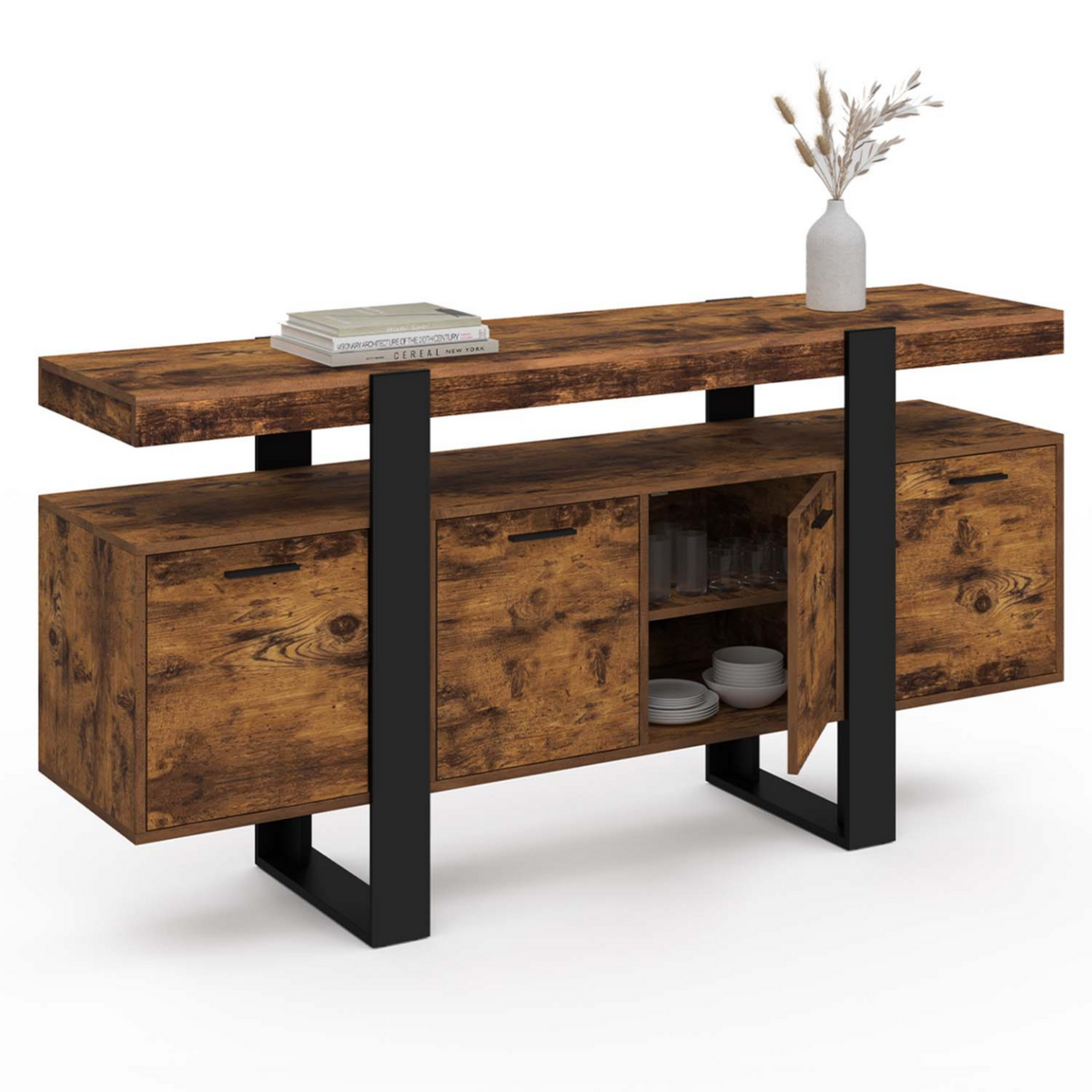 ID MARKET Buffet 160 cm PHOENIX XXL 4 portes bois effet vieilli et noir