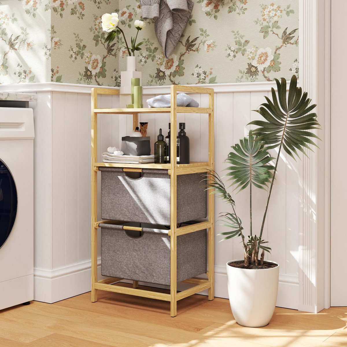 HOMCOM Panier à linge en bambou - panier à linge 2 bacs 2 étagères - panier à linge double - tissu gris