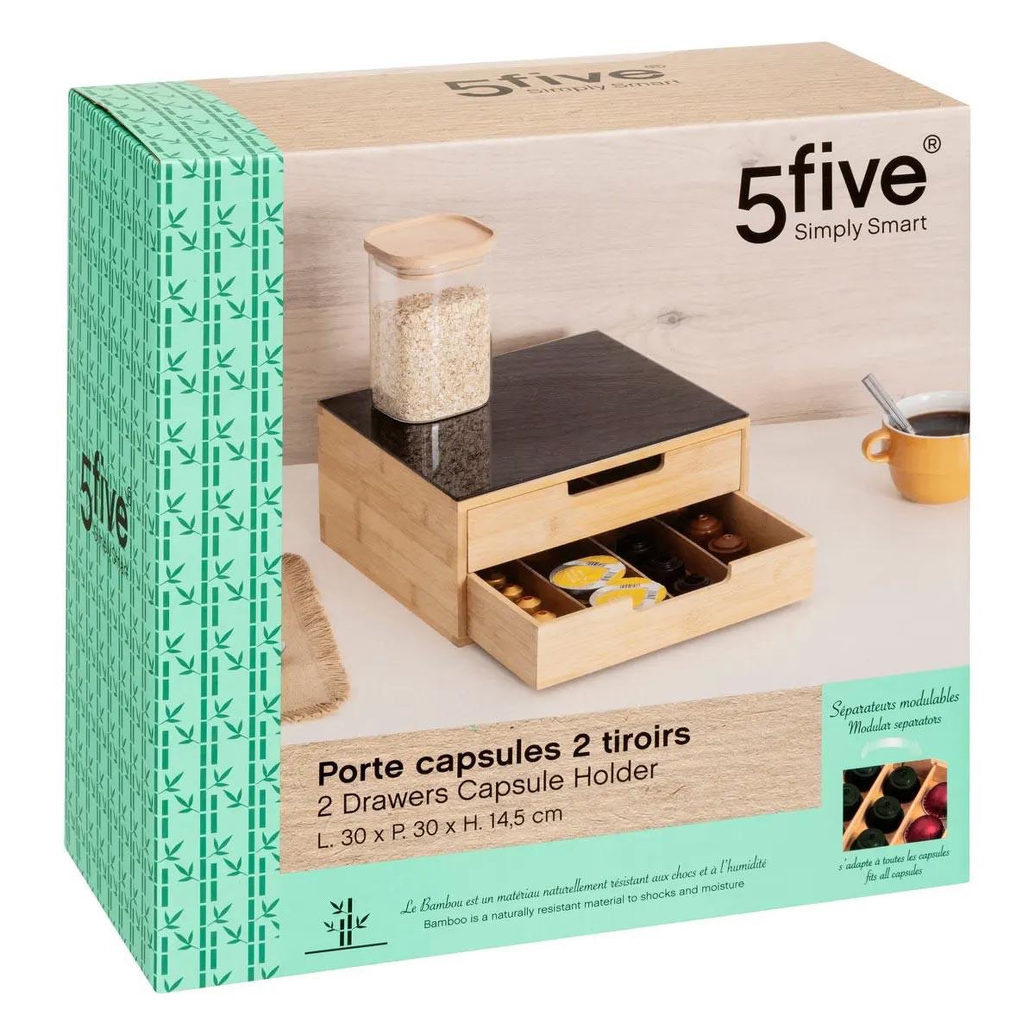 Voir la diapositive 5 : FIVE Porte-capsules 2 tiroirs  black bambou  30cm naturel