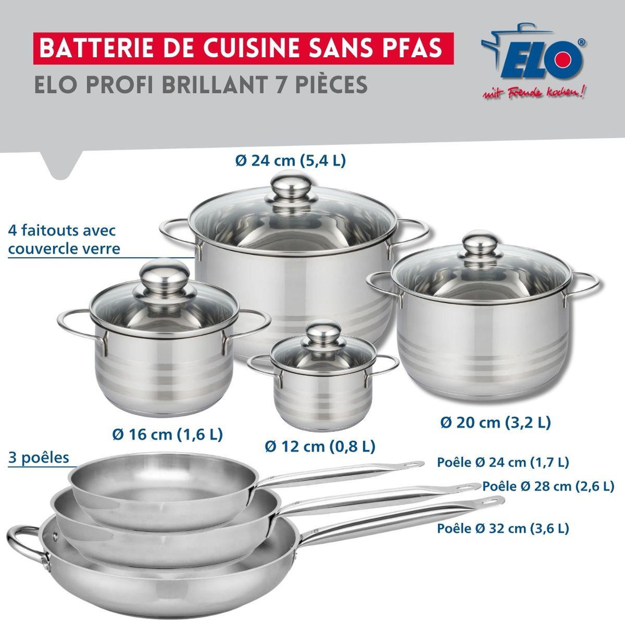 Voir la diapositive 2 : ELO Ensemble de 3 poêles de cuisson 24, 28 et 32 cm et 4 faitouts 12, 16, 20 et 24 cm elo profi brillant