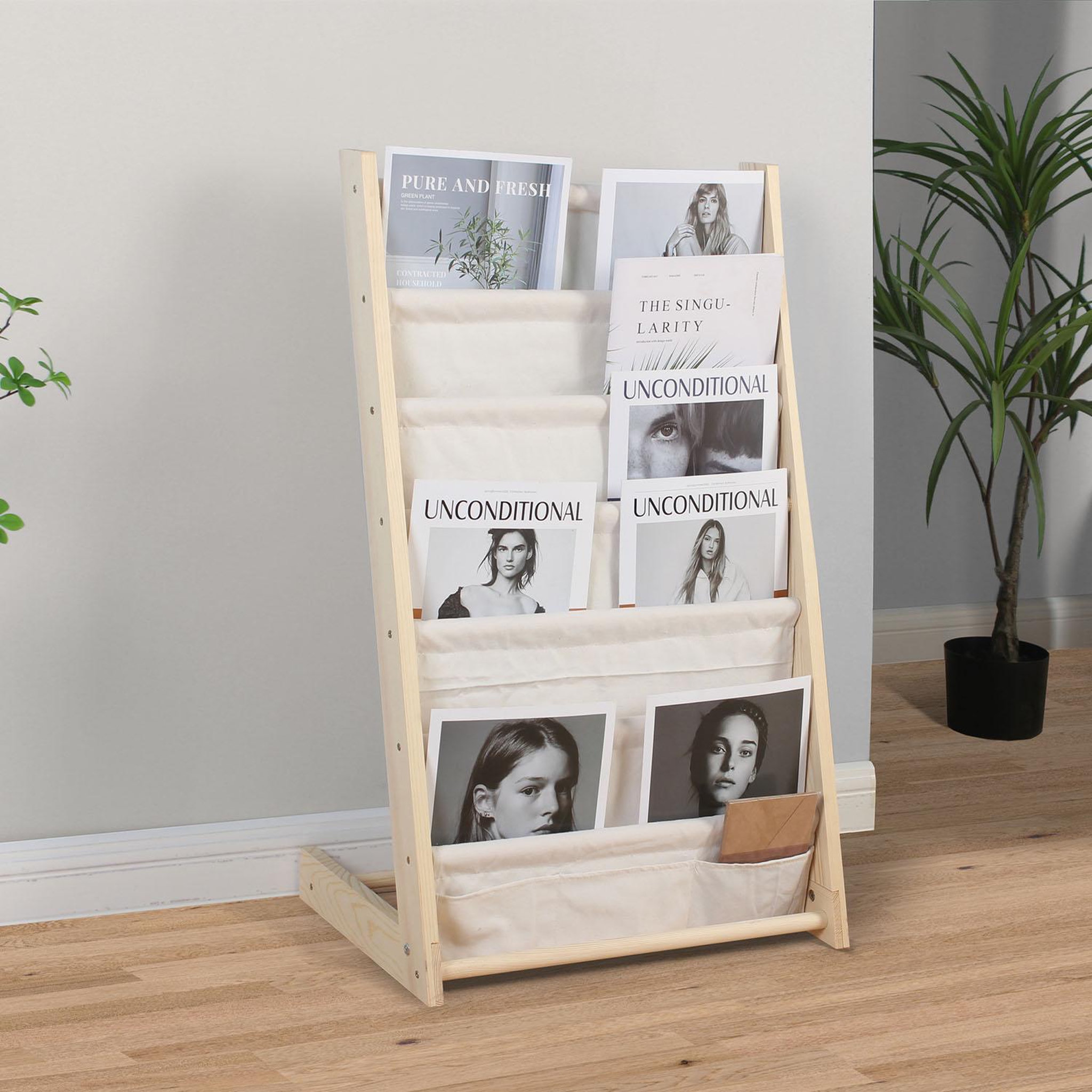 Voir la diapositive 2 : VS VENTA-STOCK Porte-revues Rui en tissu et bois à 6 sections