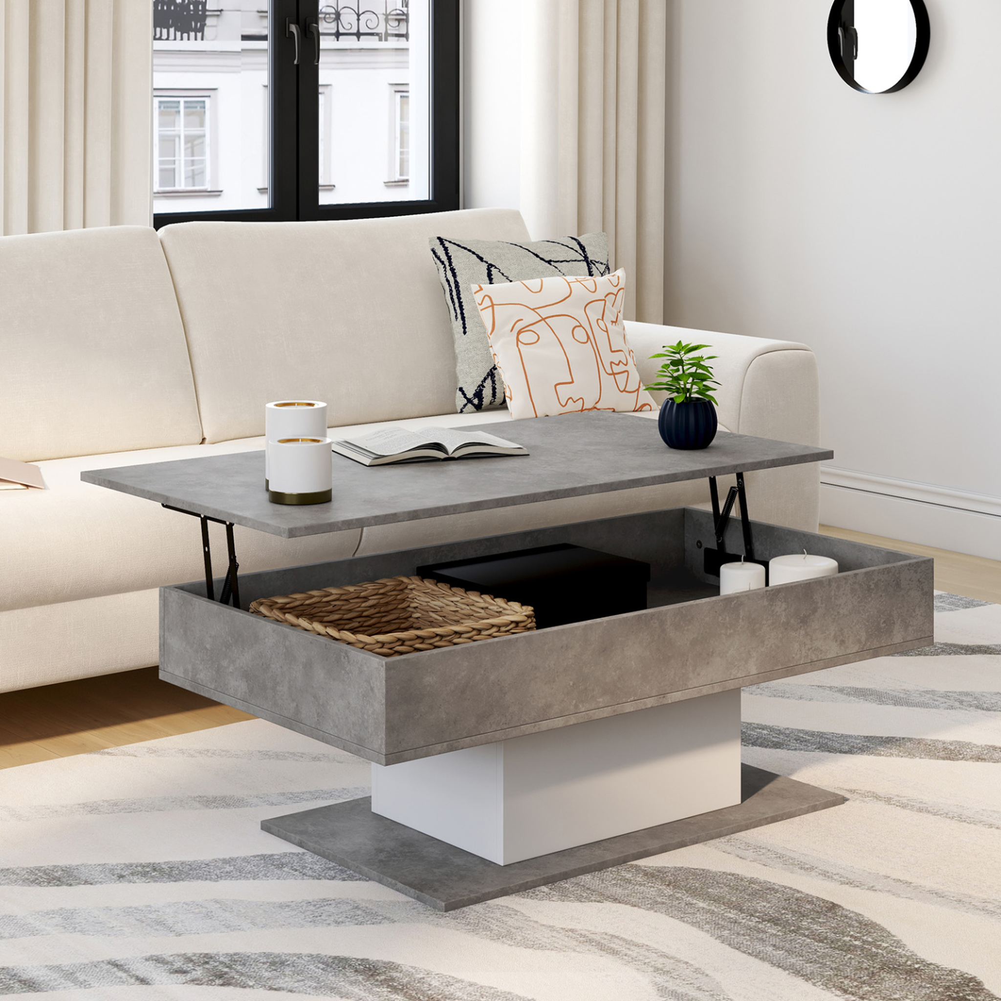 Voir la diapositive 2 : ID MARKET Table basse plateau relevable rectangulaire eden effet béton et blanc