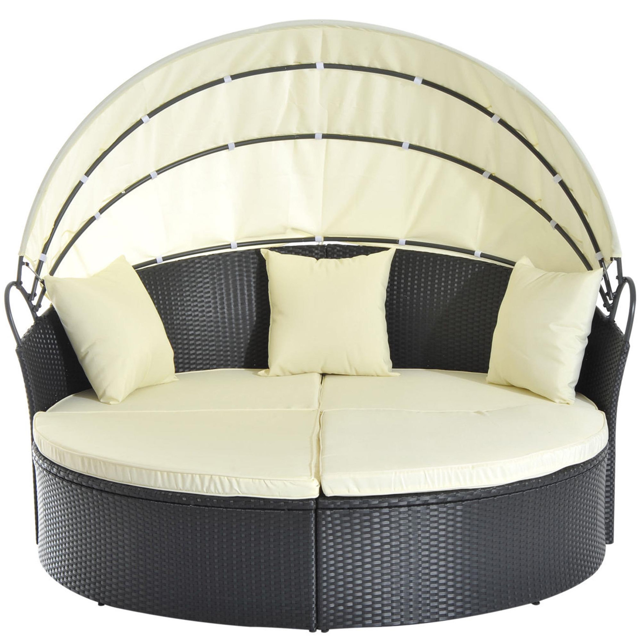 Voir la diapositive 2 : OUTSUNNY Lit canapé de jardin modulable pare-soleil pliable 4 coussins 3 oreillers résine tressée tissu noir beige