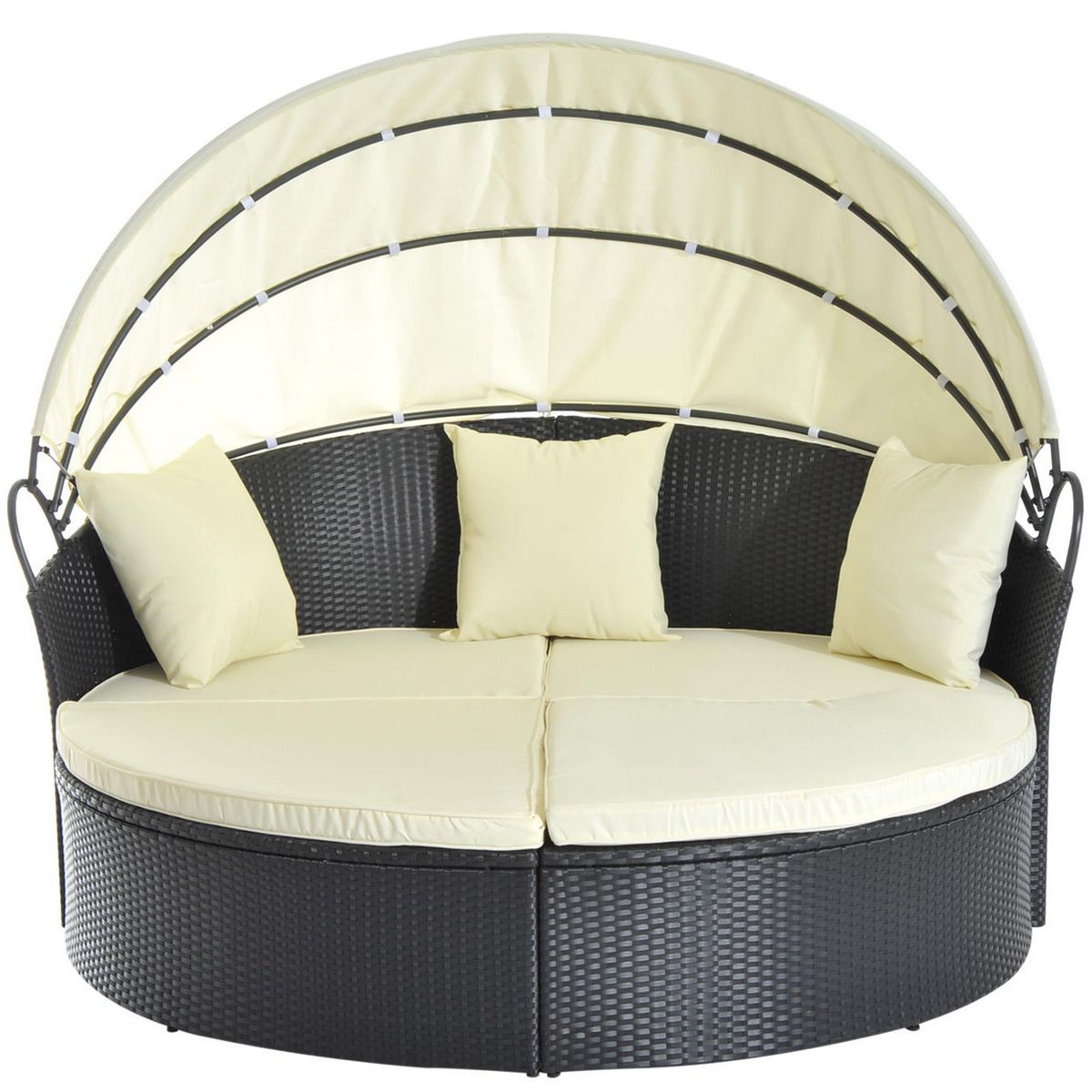 OUTSUNNY Lit canapé de jardin modulable pare-soleil pliable 4 coussins 3 oreillers résine tressée tissu noir beige