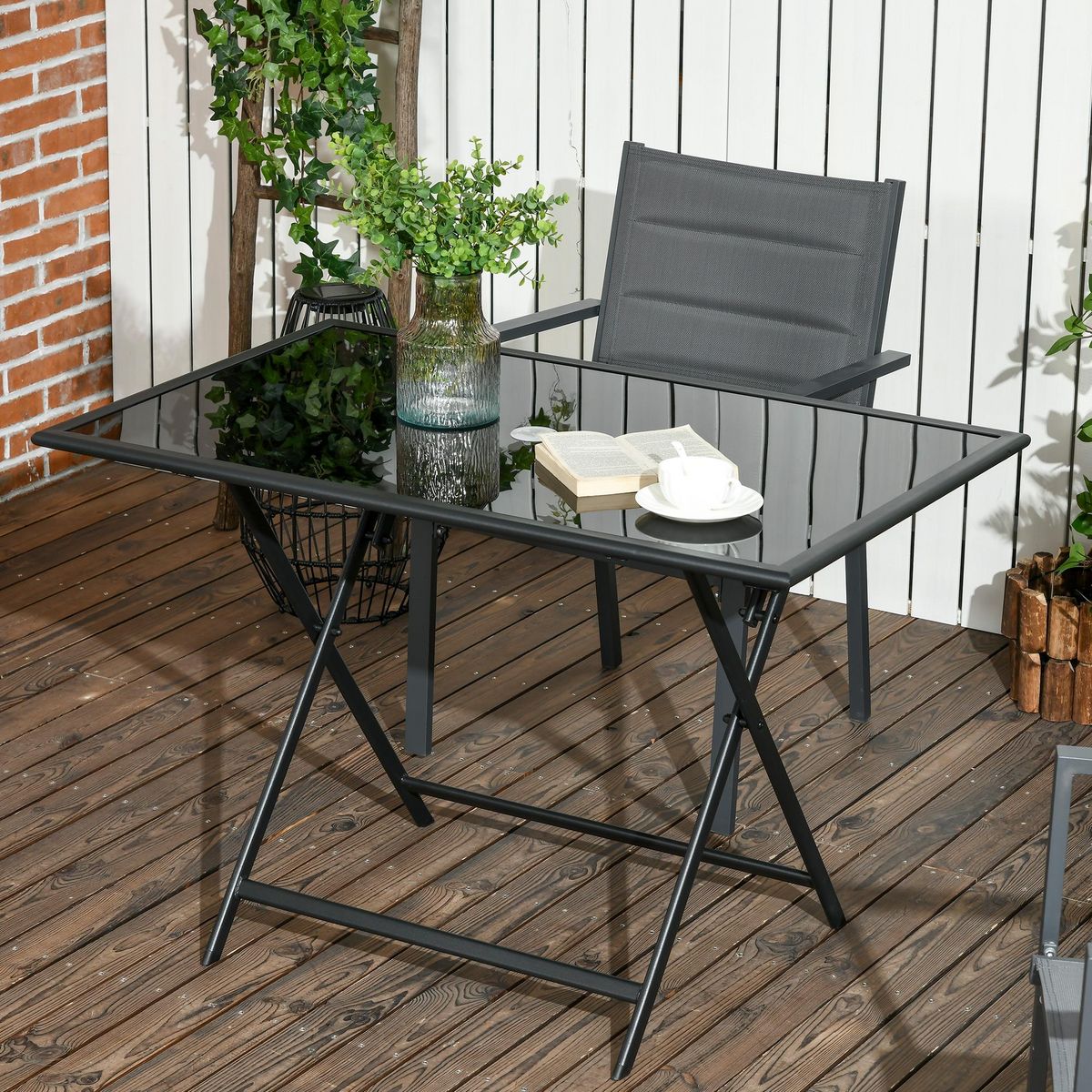OUTSUNNY Table de jardin pliable 6 places - espace parasol - dim. 110 x 70 x 70 cm - métal époxy plateau verre trempé noir