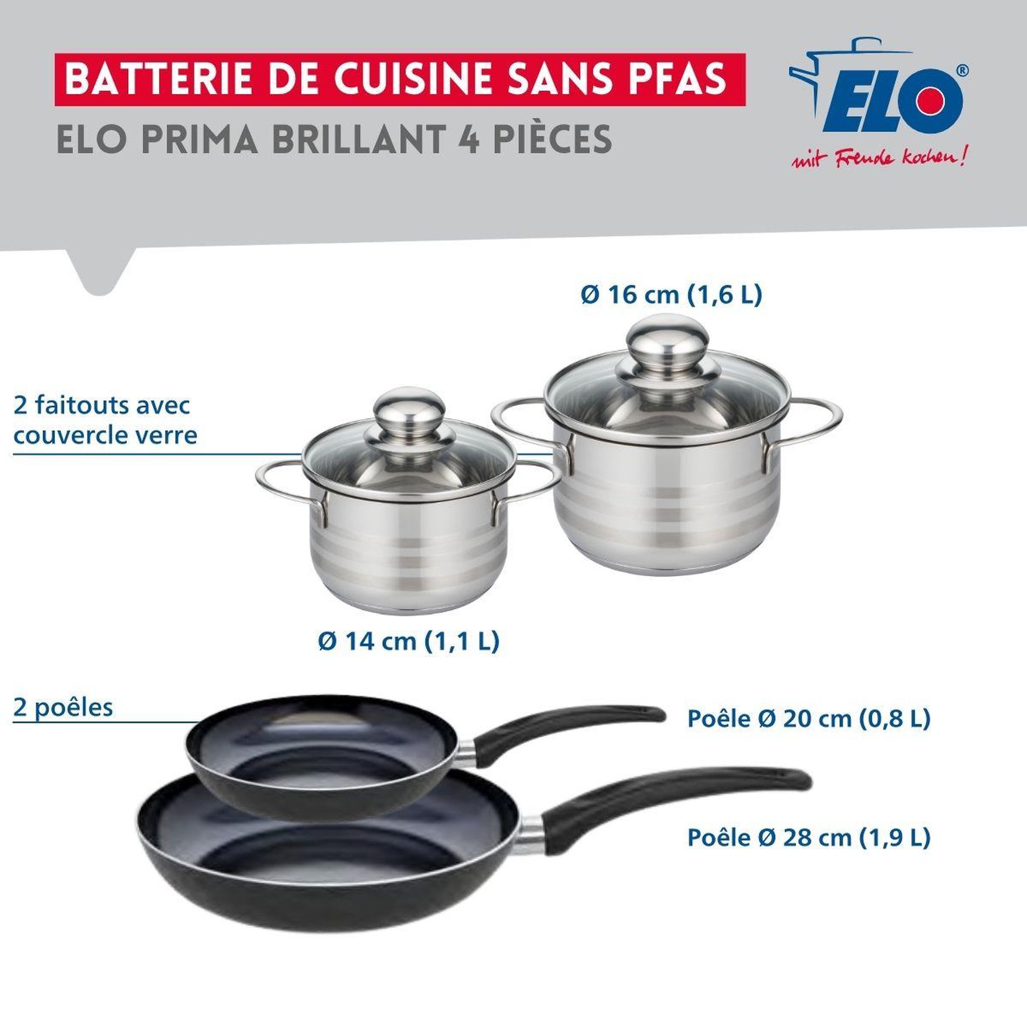Voir la diapositive 2 : ELO Ensemble de 2 poêles de cuisson 20 et 28 cm et 2 faitouts 14 et 16 cm elo prima brillant