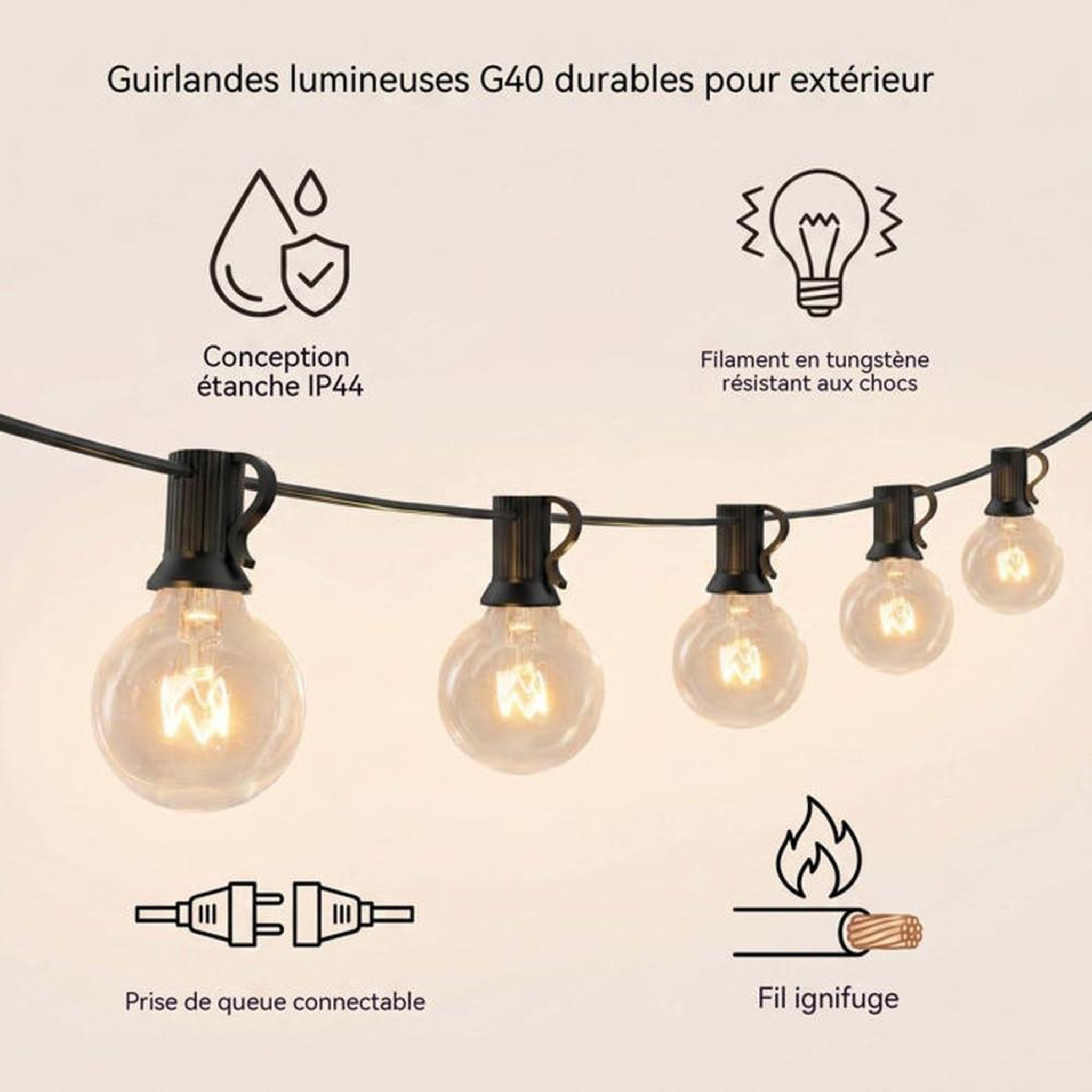 Voir la diapositive 3 : NO BRAND Guirlande lumineuse extérieure 30 m 50 ampoules G40 blanc chaud + 4 de rechange IP44 abat-jour verre