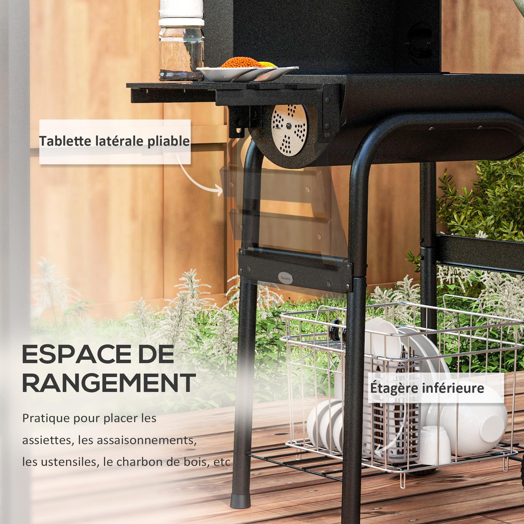 Voir la diapositive 6 : OUTSUNNY Barbecue charbon de bois avec couvercle 2 roues tablette pliable étagère cheminée thermomètre grilles acier chromée