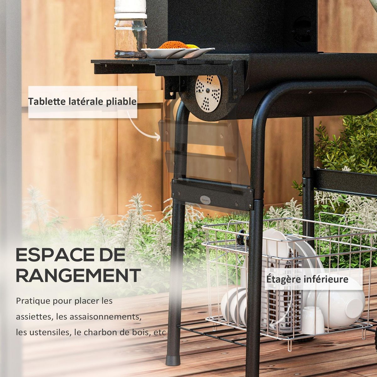 OUTSUNNY Barbecue charbon de bois avec couvercle 2 roues tablette pliable étagère cheminée thermomètre grilles acier chromée