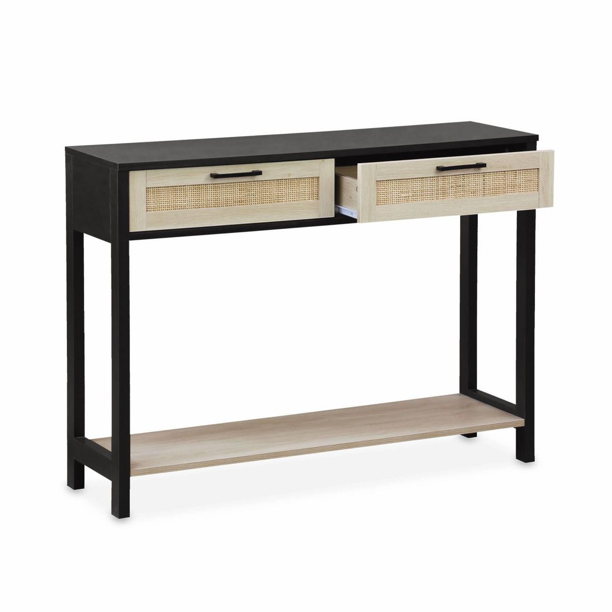SWEEEK Console décor bois noir et cannage 100 x 30 x 75cm - Bianca - 2 tiroirs - 1 étagère