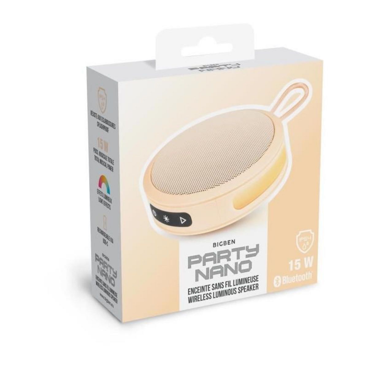 BIGBEN PARTY BIGBEN Party - Enceinte Bluetooth ronde avec dragonne et effets lumineux - 15W - Orange Pastel