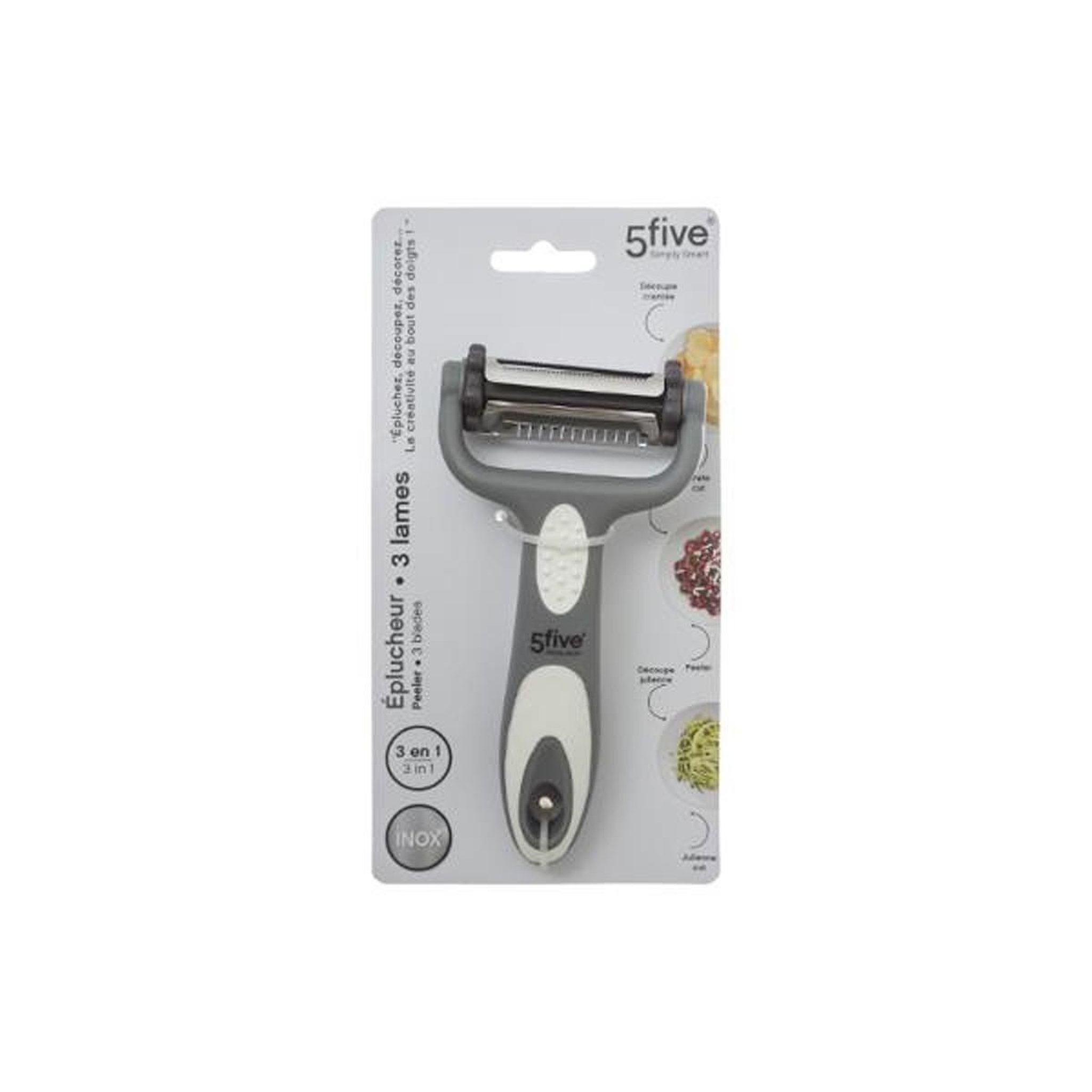 Voir la diapositive 6 : FIVE Éplucheur 3 lames en acier  rasoir  15cm gris