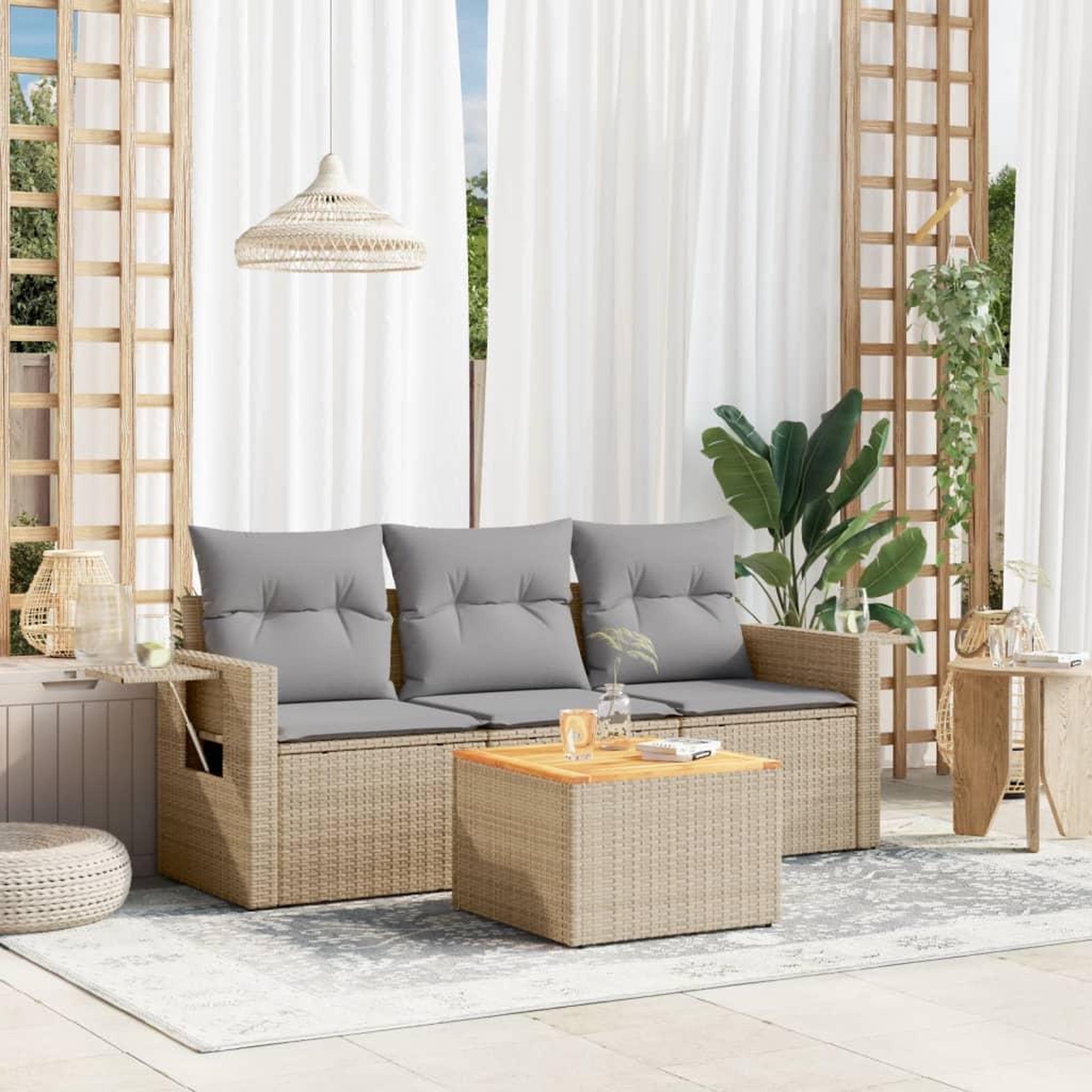 VIDAXL Salon de jardin avec coussins 4pcs melange beige resine tressee
