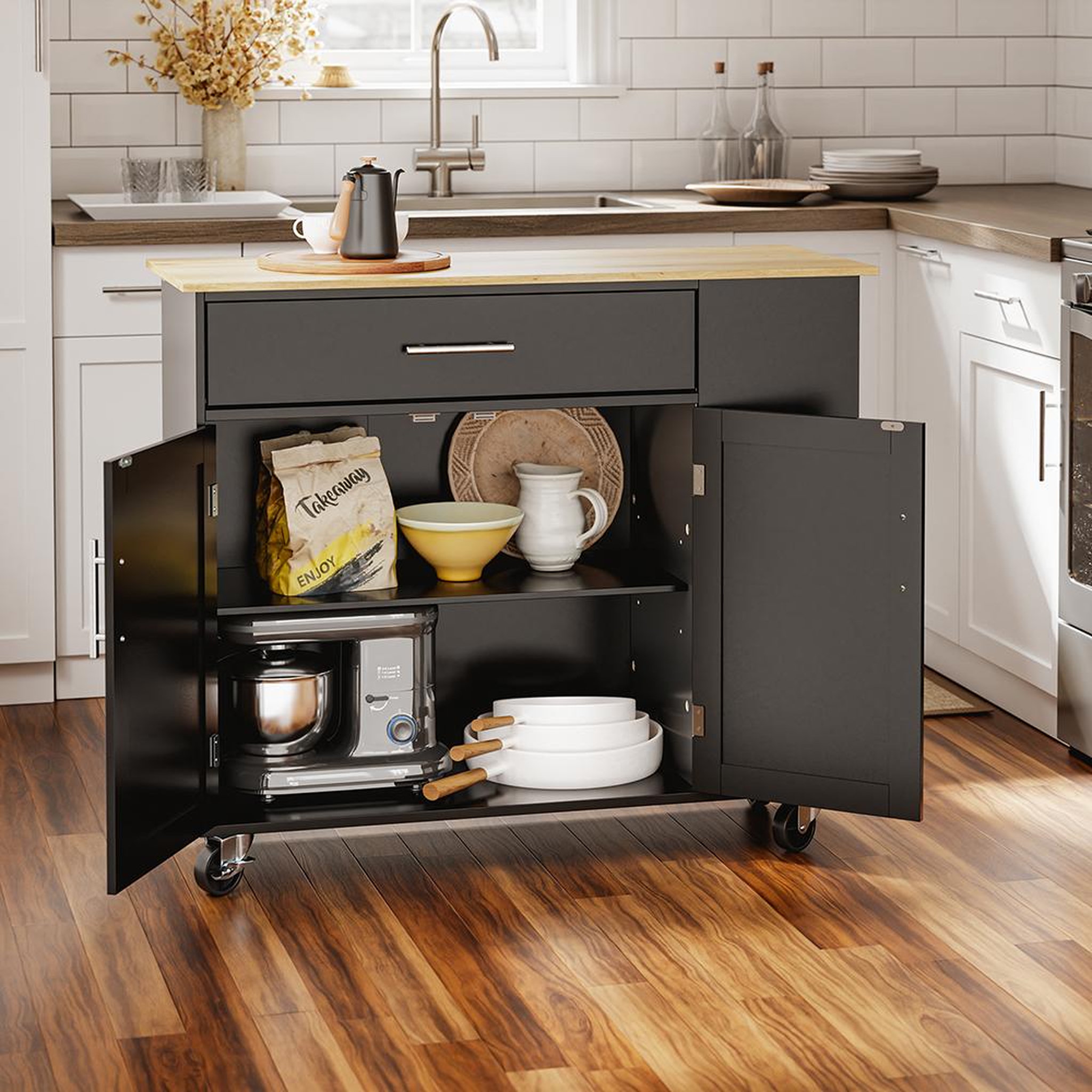 Voir la diapositive 6 : SOBUY Îlot de cuisine mobile avec tiroir et rangement, noir, 99x40x84.3 cm, fkw133-sch