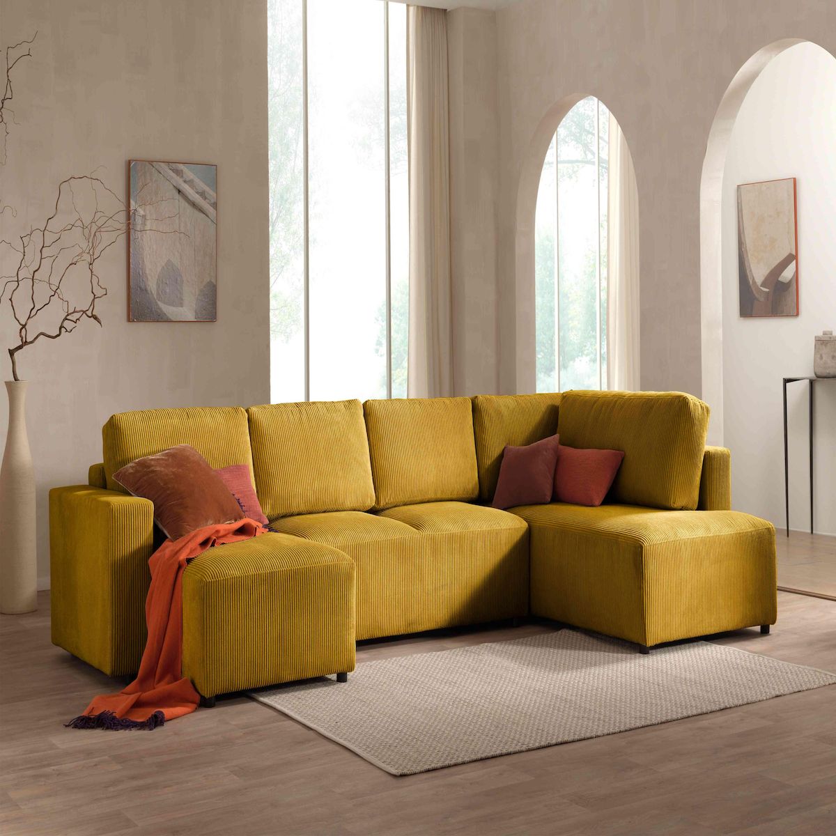 LISA DESIGN Livy - canapé panoramique convertible - avec coffre - en velours côtelé - 7 places - droit