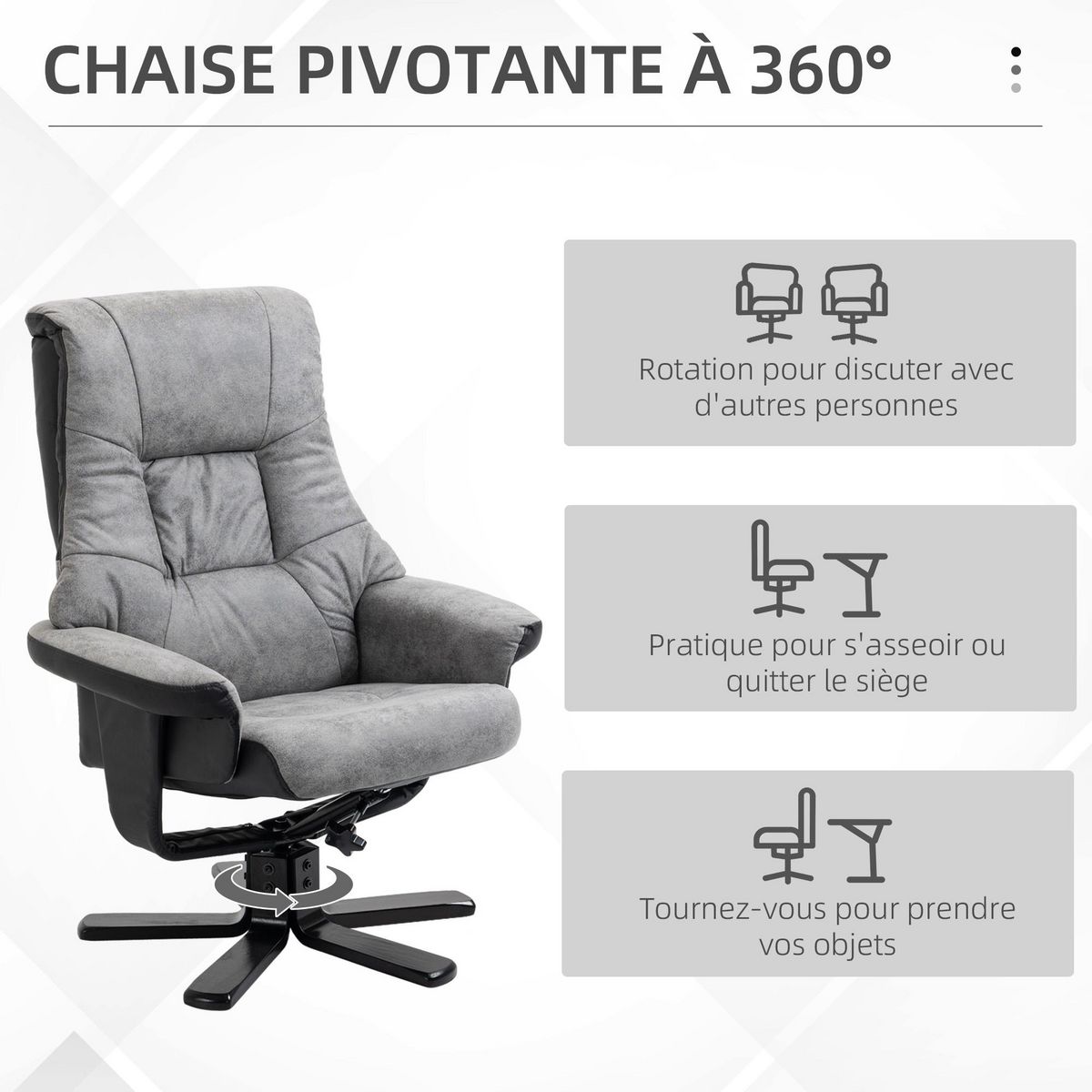 HOMCOM Fauteuil relax style contemporain - dossier inclinable, repose-pied - piètement bois peuplier noir tissu technique gris