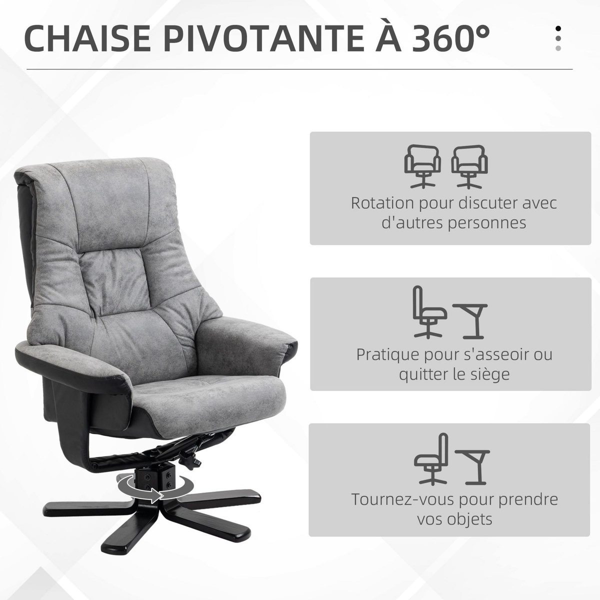 HOMCOM Fauteuil relax style contemporain - dossier inclinable, repose-pied - piètement bois peuplier noir tissu technique gris