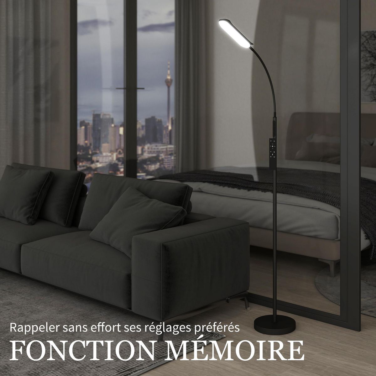 HOMCOM Lampadaire LED dimmable avec télécommande - contrôle tactile, réglable - H.175 cm - acier polycarbonate noir
