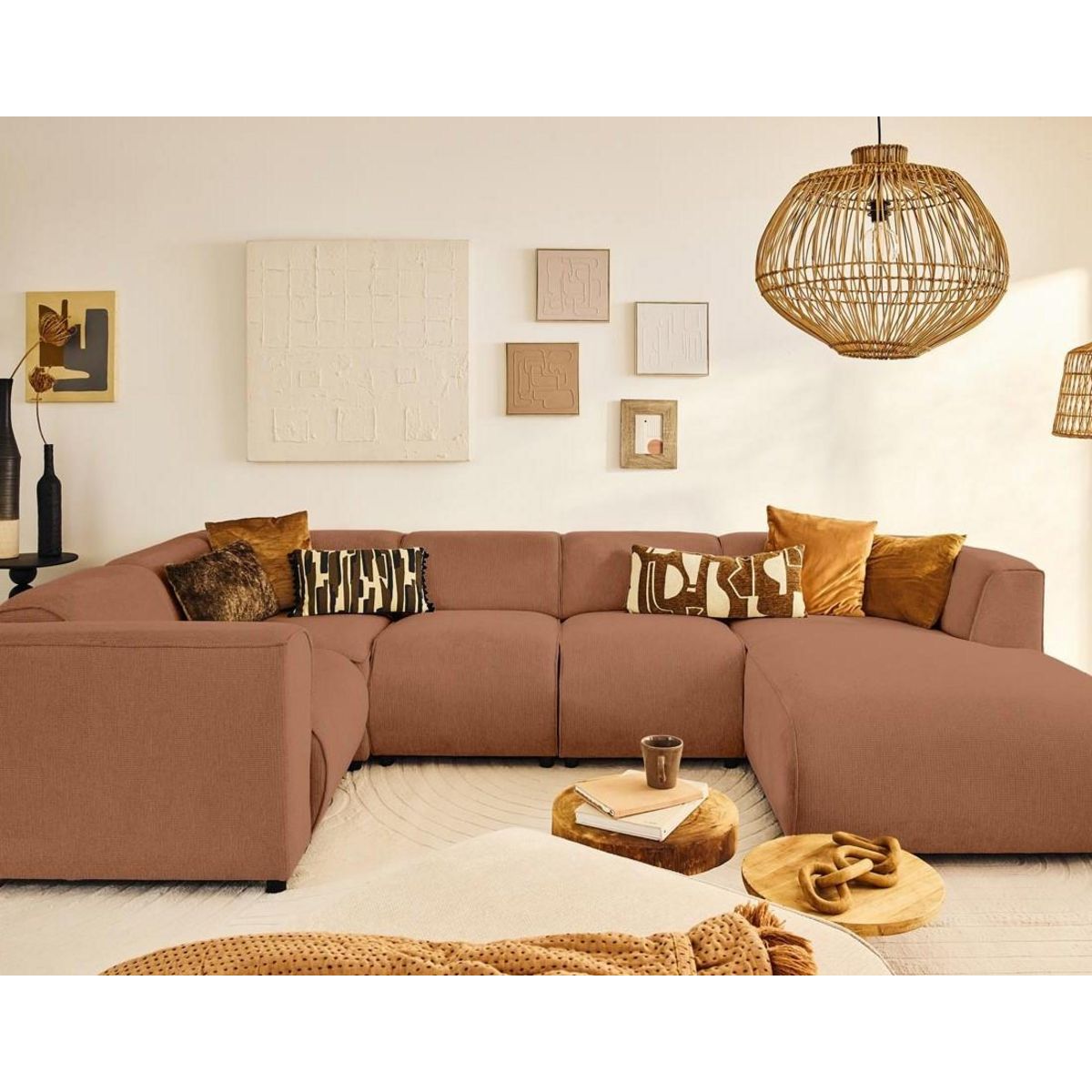 LISA DESIGN Suaro - canapé modulable panoramique d'angle gauche 7 places en tissu texturé