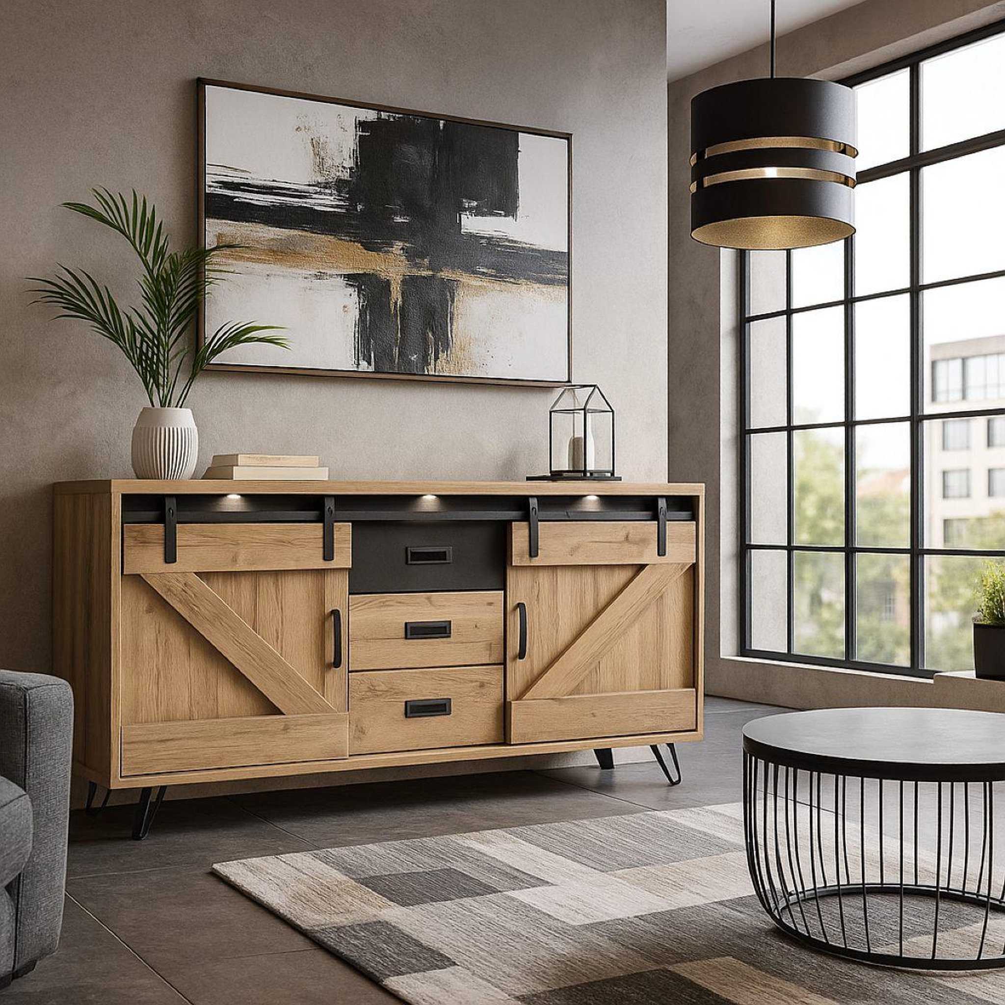 Voir la diapositive 2 : JLC KREATION Buffet industriel décor chêne clair 3 portes avec LED COSTA