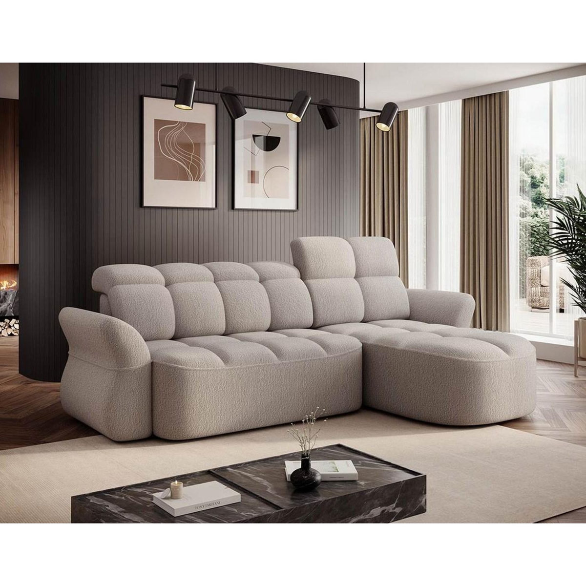 BEST MOBILIER Brume - canapé d'angle droit 4 places convertible électrique avec coffre et têtières réglables en tissu bouclette