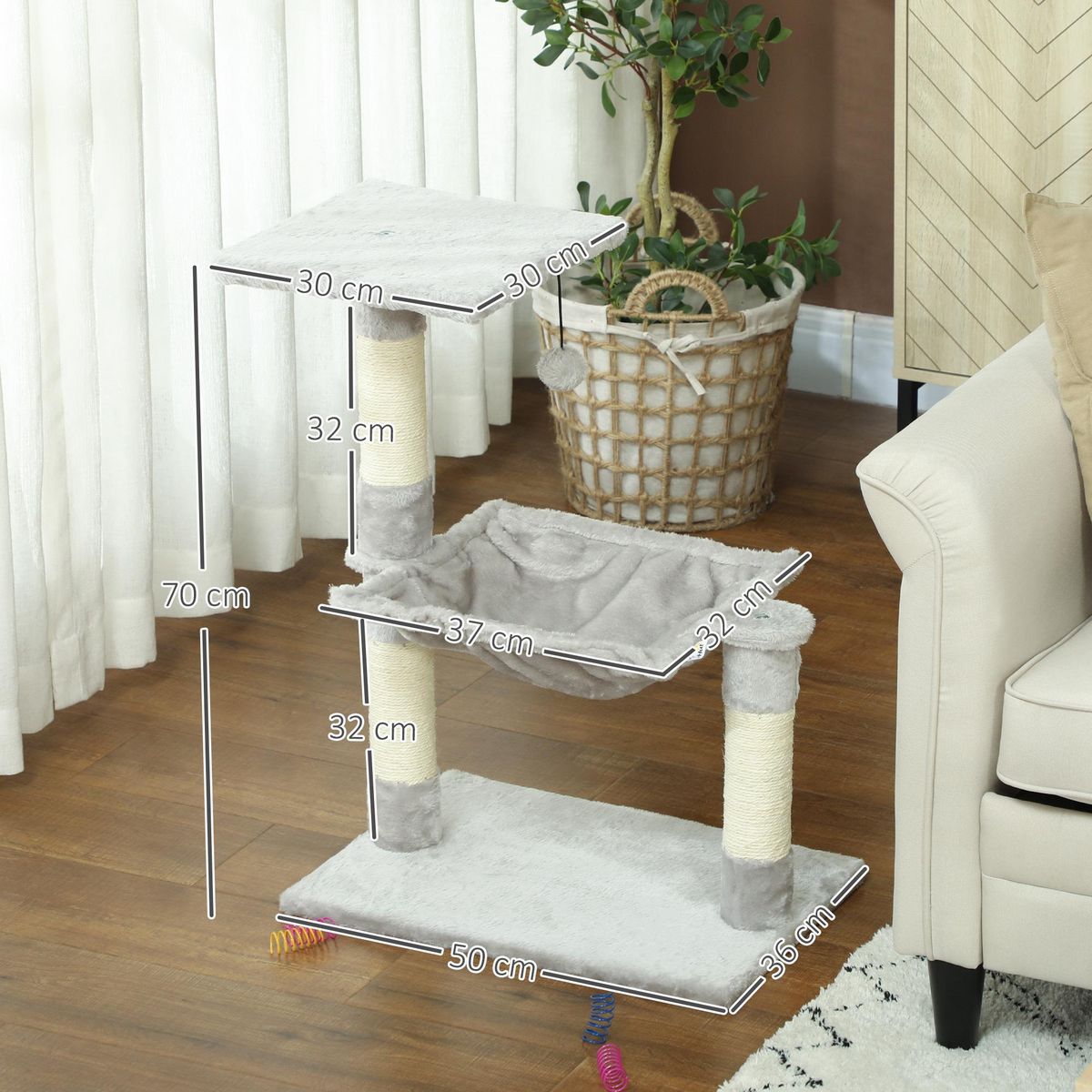 PAWHUT Arbre à chat 3 griffoirs grattoirs sisal naturel plateforme hamac et boule suspendue dim. 50L x 36l x 70H cm peluche haute densité 220 g/m² gris clair