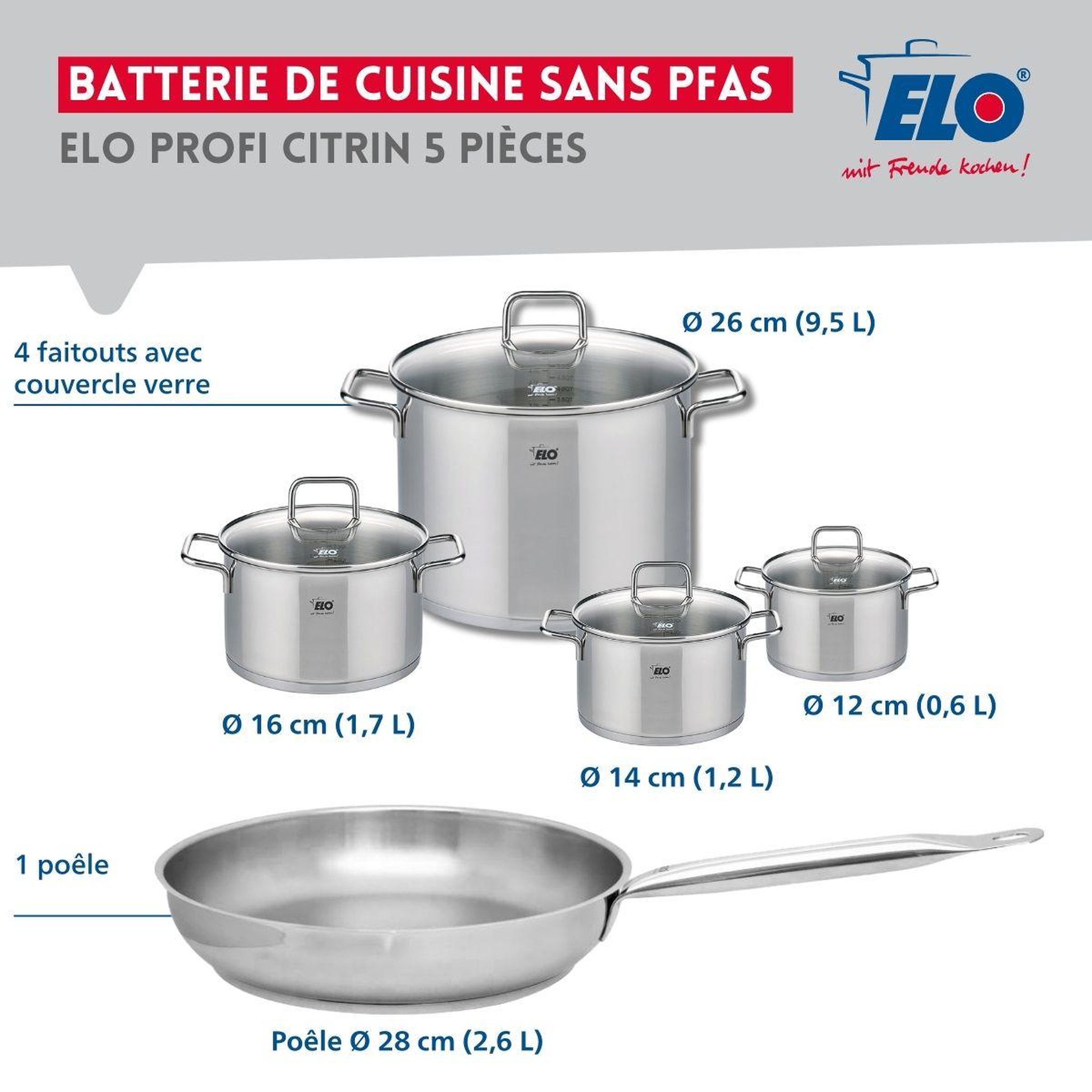 Voir la diapositive 2 : ELO Ensemble de 1 poêle de cuisson 28 cm et 4 faitouts 12, 14, 16 et 26 cm elo profi citrin