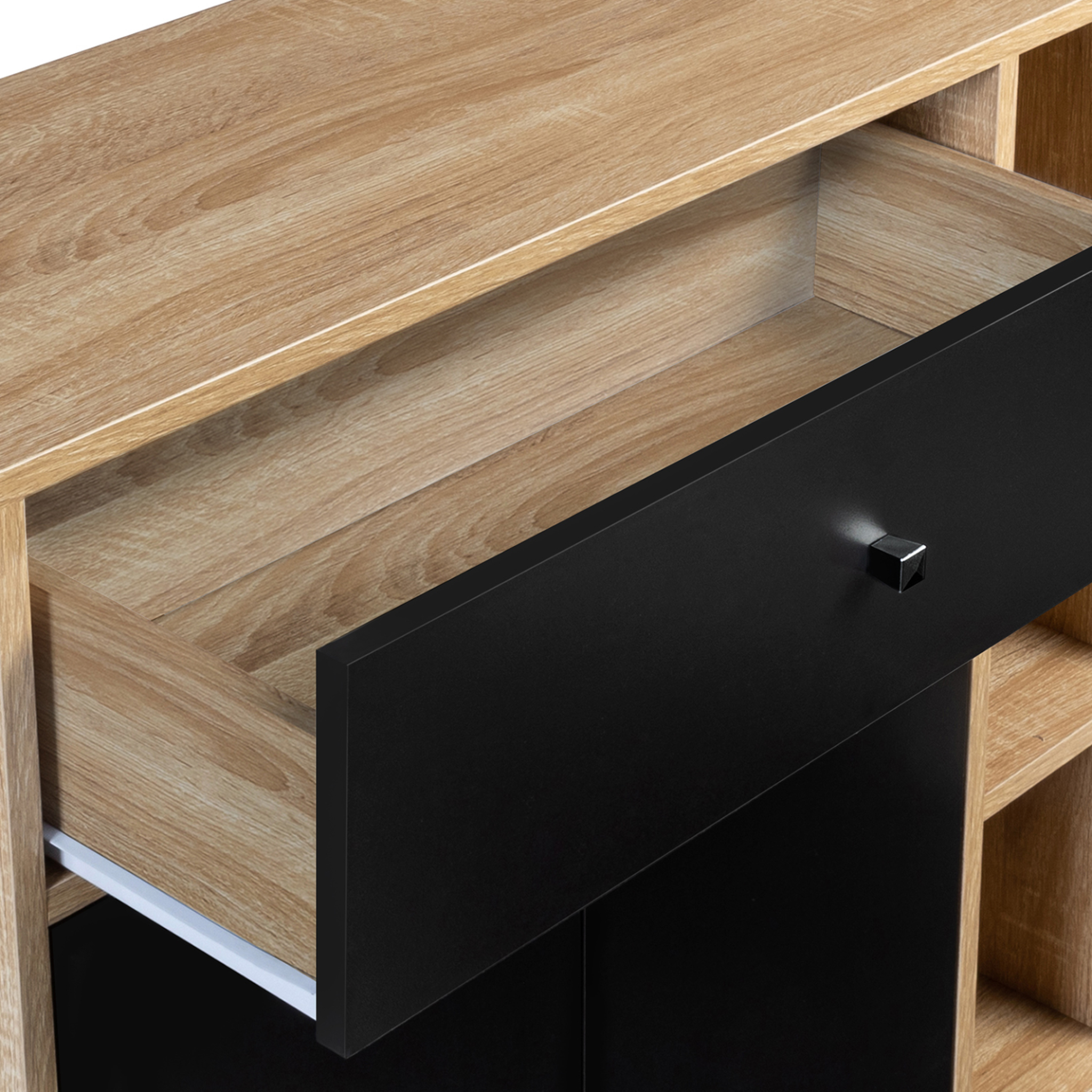 Voir la diapositive 5 : ID MARKET Meuble de rangement emmie scandinave bois et noir avec placard et tiroir