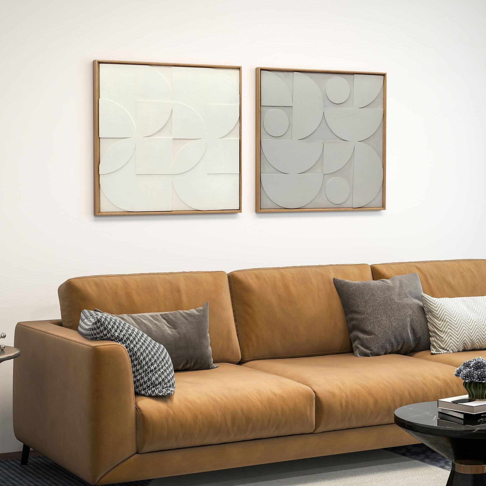 Voir la diapositive 2 : HOMCOM Lot de 2 tableaux murales 3D texturés gris blanc - tableaux décoratifs en relief 80 x 80 cm - cadre effet bois