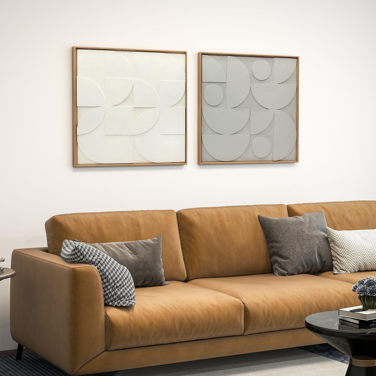 HOMCOM Lot de 2 tableaux murales 3D texturés gris blanc - tableaux décoratifs en relief 80 x 80 cm - cadre effet bois