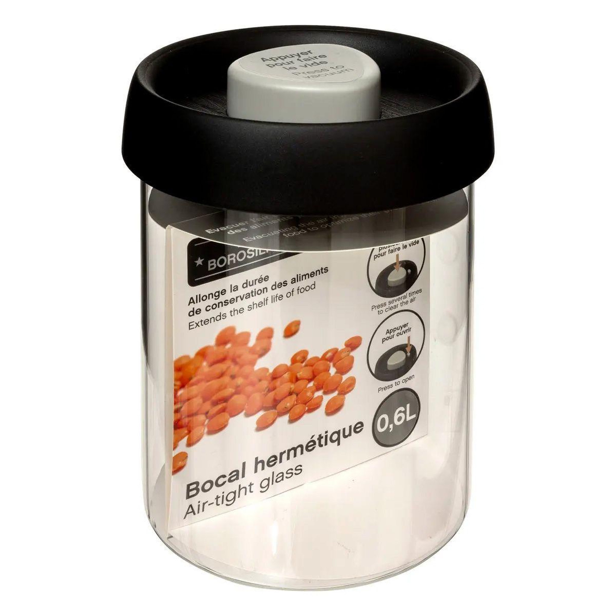 Voir la diapositive 3 : FIVE Bocal en verre  hermet  0,6l transparent & noir
