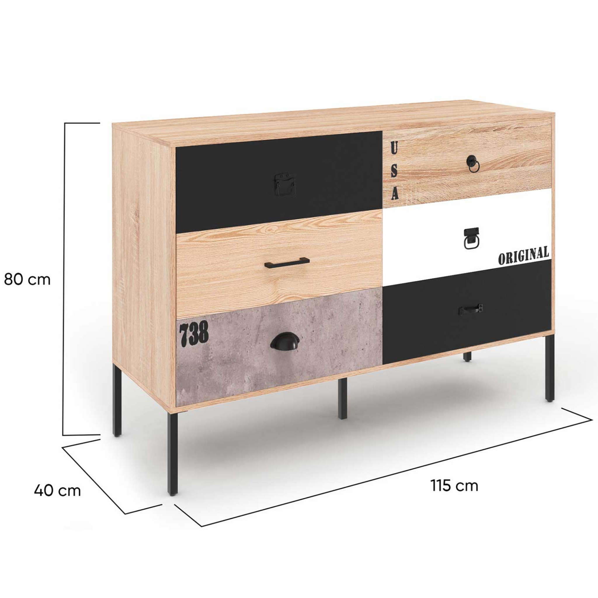 Voir la diapositive 5 : ID MARKET Commode 6 tiroirs sacramento 115 cm design industriel dépareillé