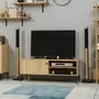 HOMCOM Meuble TV banc TV design industriel - porte coulissante, 2 niches, 2 passe-fils - piètement métal noir panneaux aspect bois clair