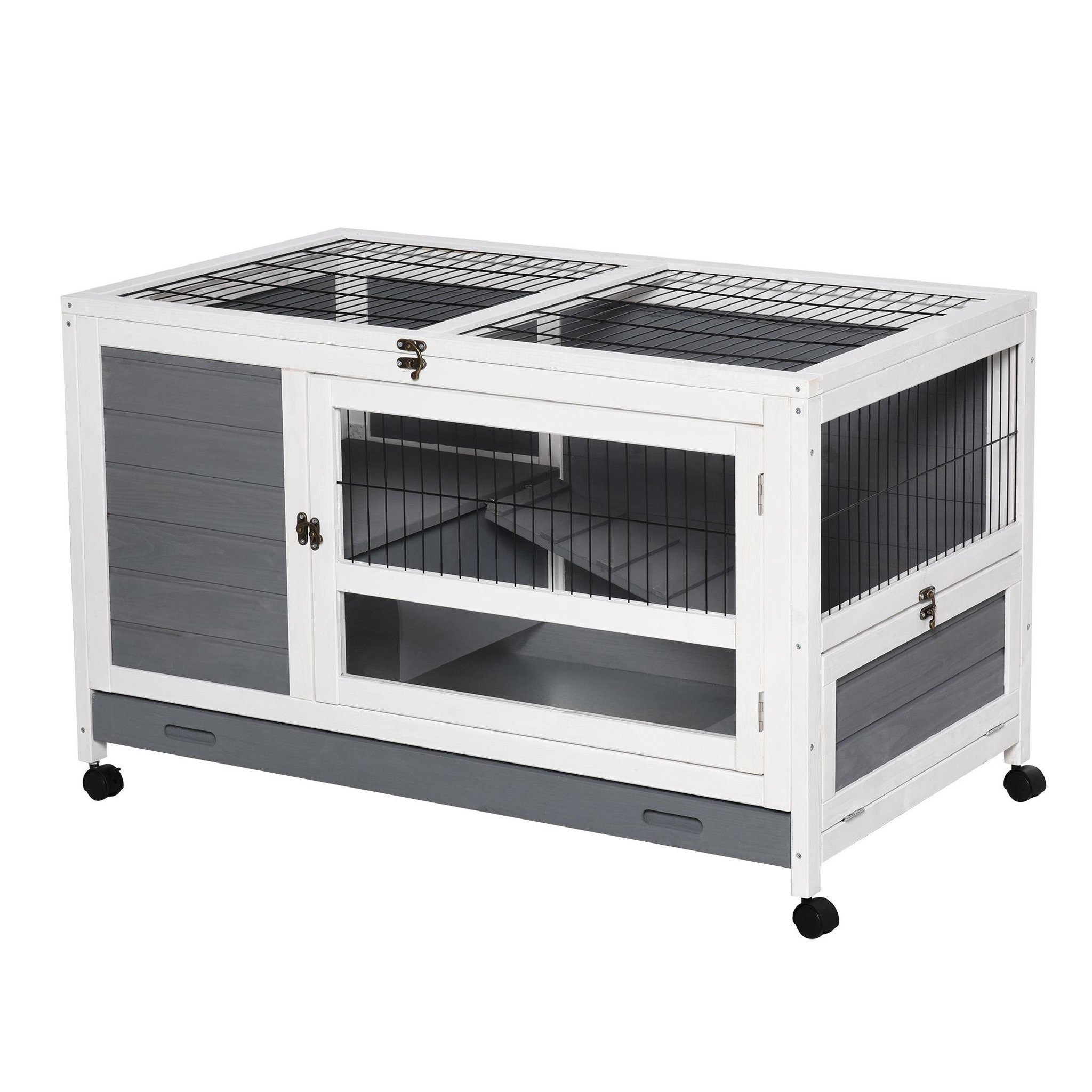 PAWHUT Clapier à lapin sur roulettes cage à lapin 2 niv. 2 portes verrouillables toit ouvrant plateau coulissant rampe bois gris blanc