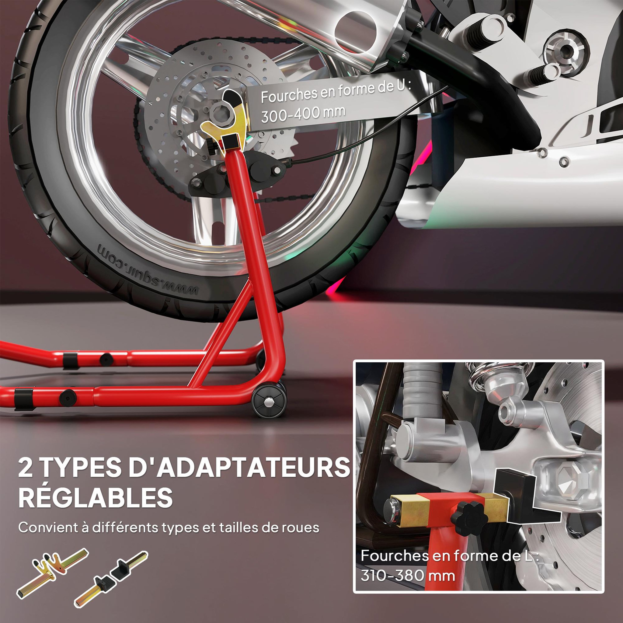 Voir la diapositive 5 : HOMCOM Bloque roue arrière de moto capacité 544Kg acier largeur 310-380 ou 300-400mm rouge