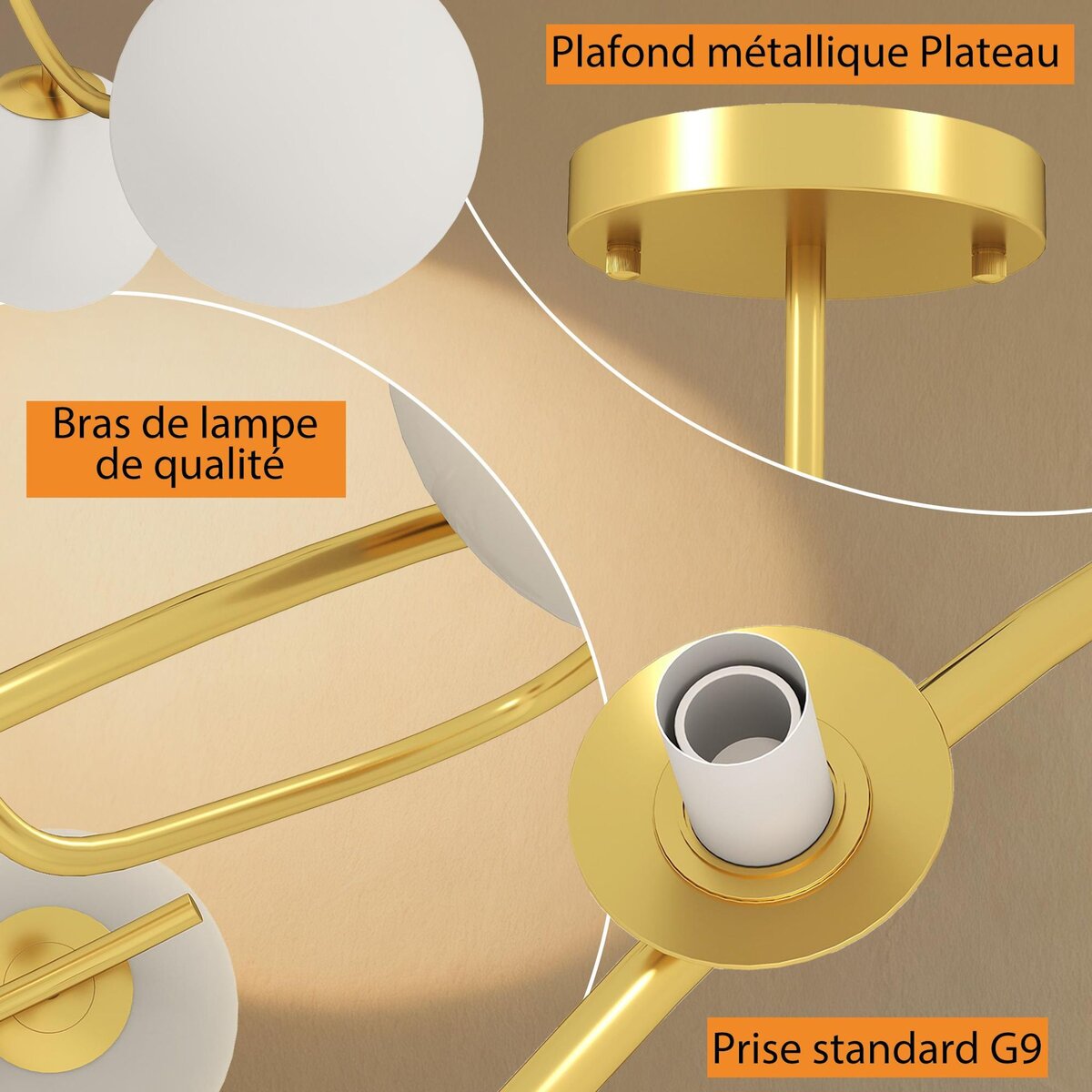 HOMCOM Plafonnier design néo-rétro 5 globes verre blanc opaque max. 20W métal doré