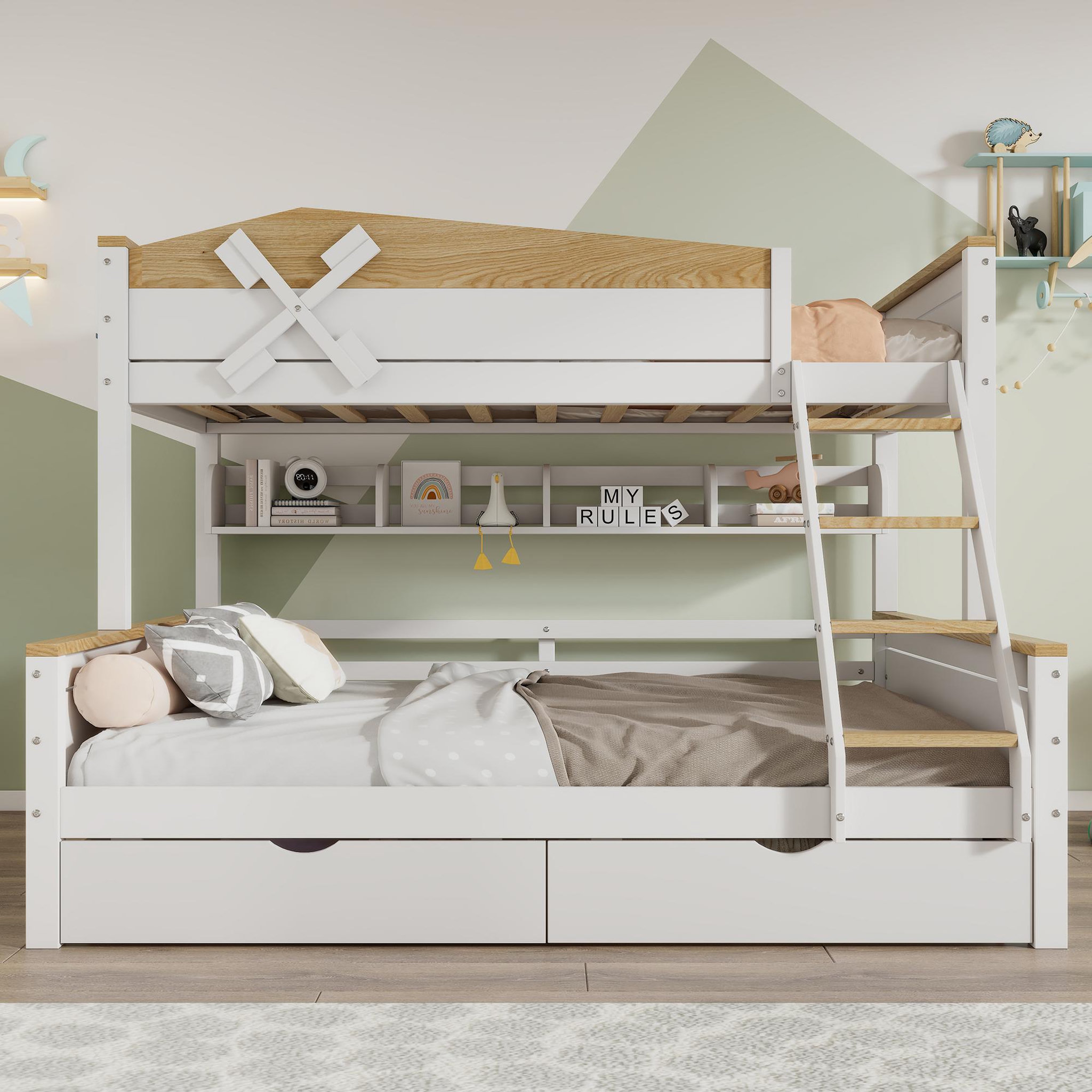 Voir la diapositive 2 : MERAX Lit superposé 140x200(90x200)cm coloris blanc+naturel pin