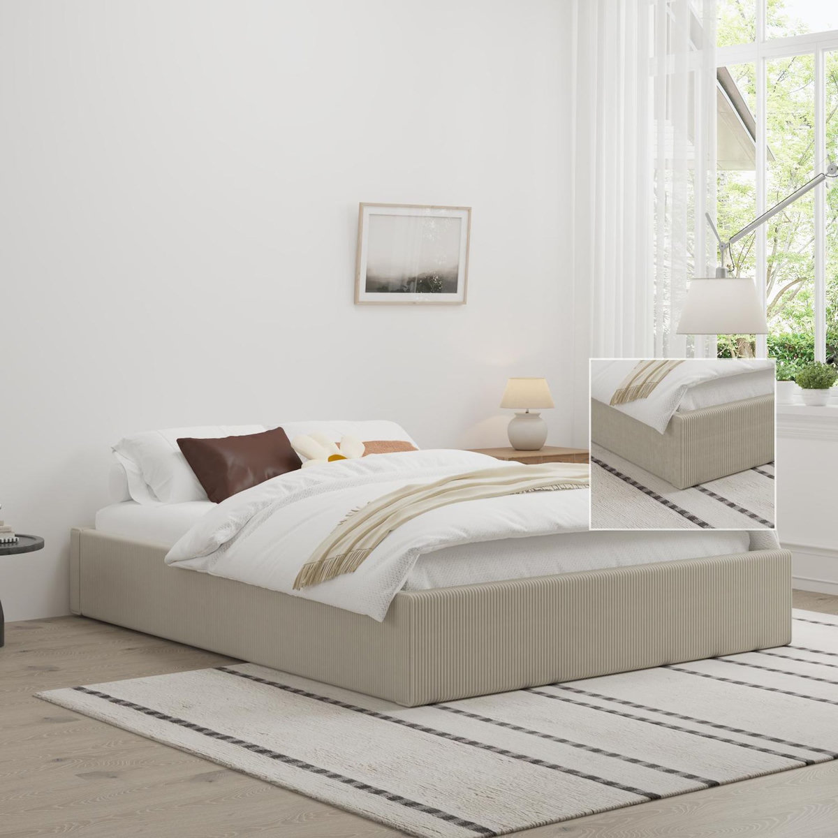 CONCEPT USINE Lit avec coffre de rangement 160x200cm velours côtelé beige AUSTIN