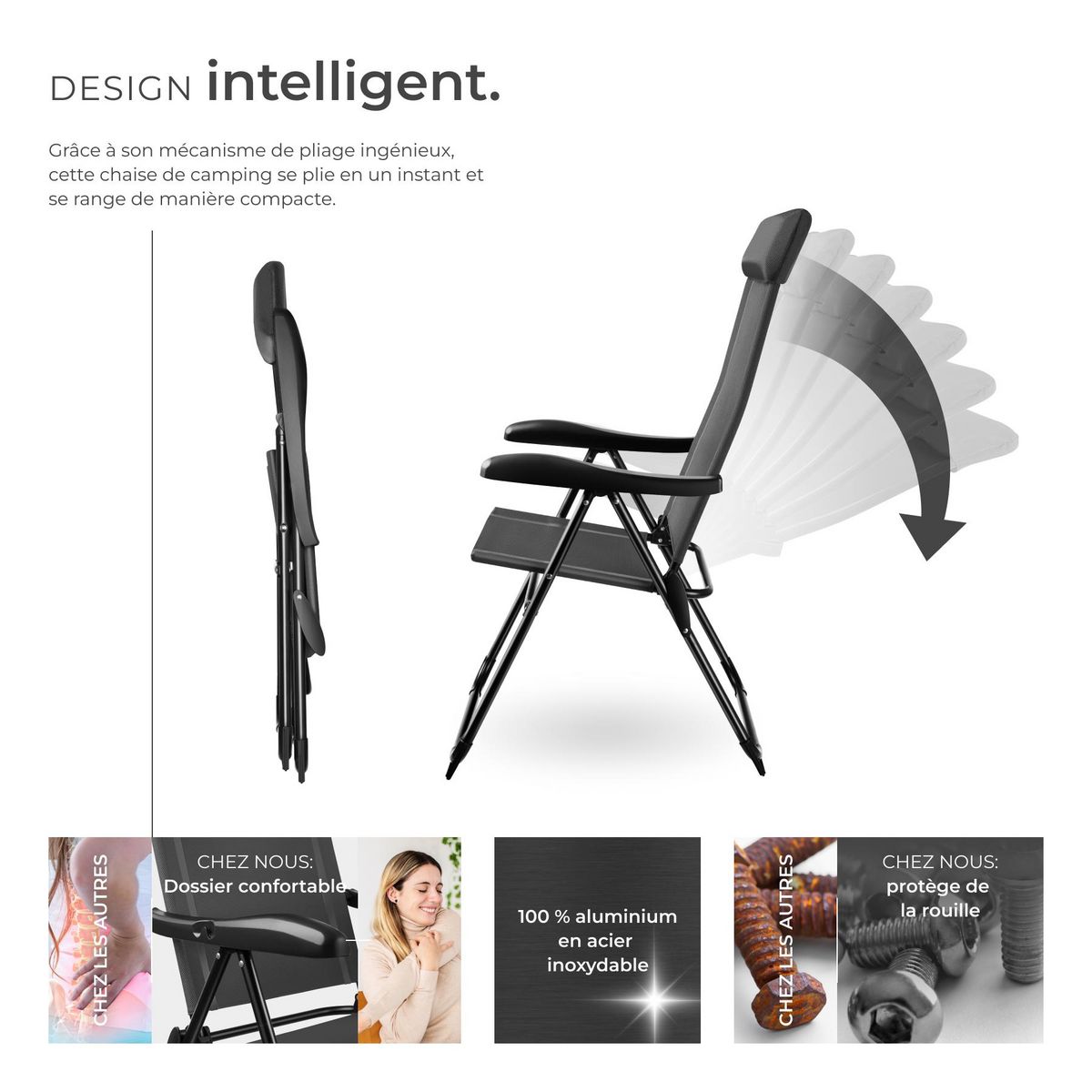 tectake Chaise de camping pliable gris anthracite Ensemble de 4 pièces