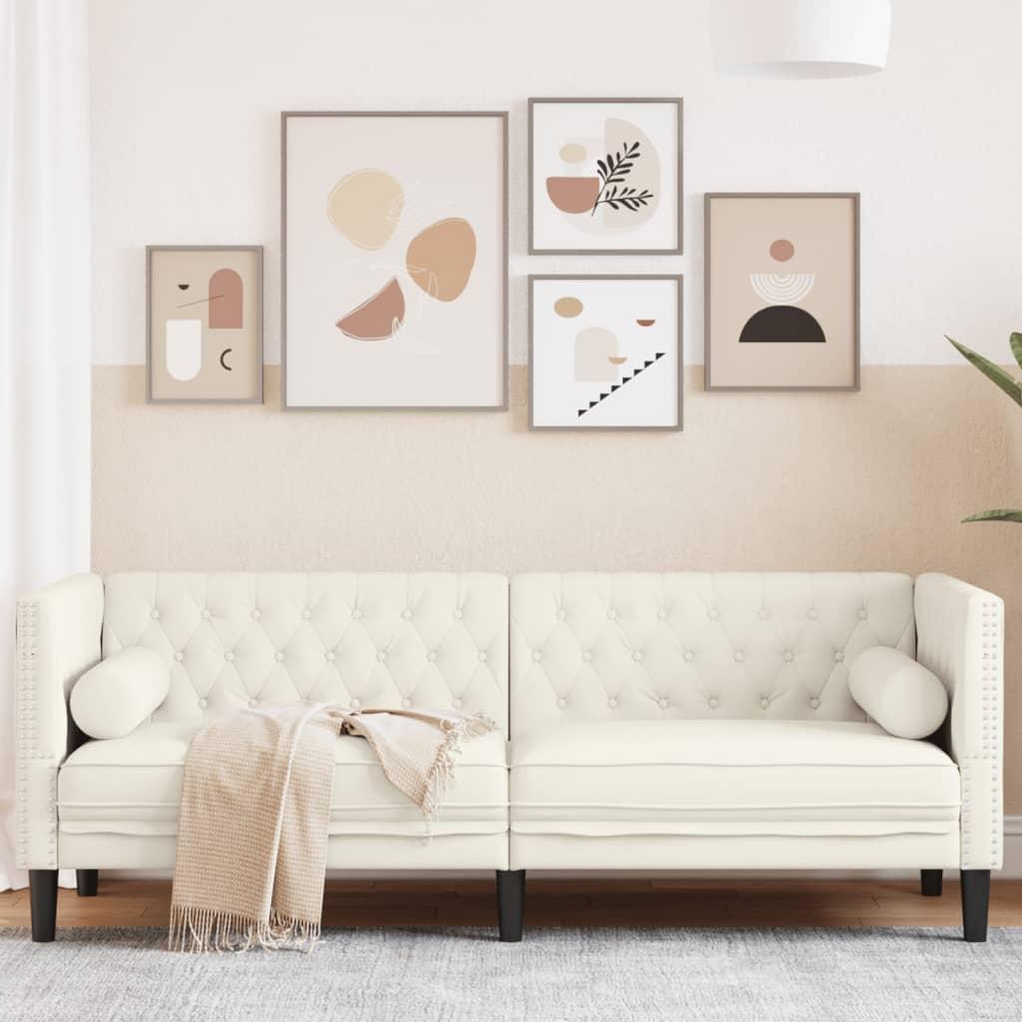 VIDAXL Canape Chesterfield avec traversins 3 places creme velours