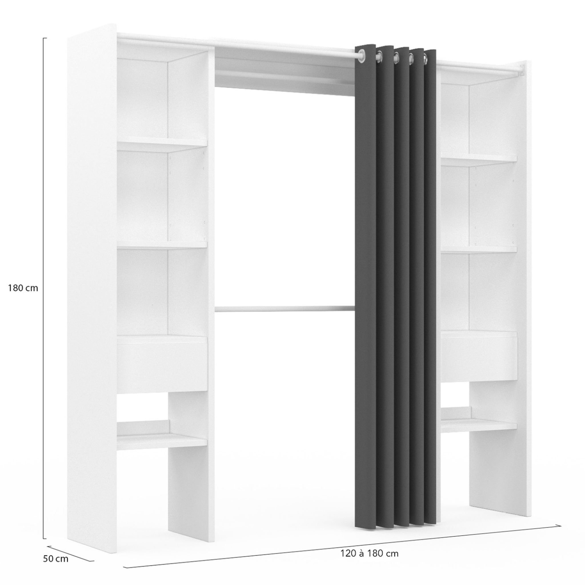 Voir la diapositive 4 : ID MARKET Dressing extensible double meryl 120/180 x 50 x 180 cm blanc avec étagères + double penderie + rideau gris