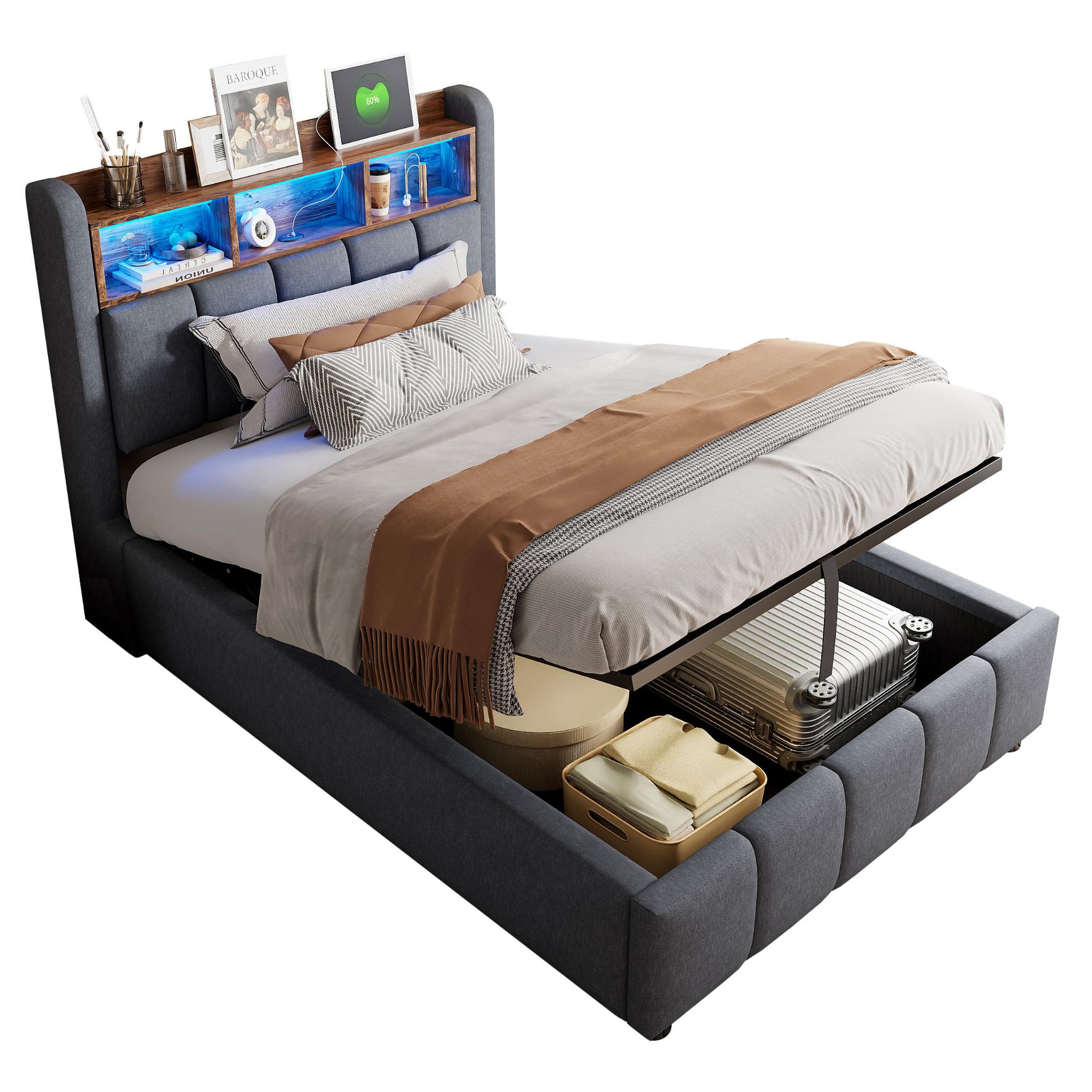MERAX Lit coffre rembourré. Coloris disponibles : Beige, Gris